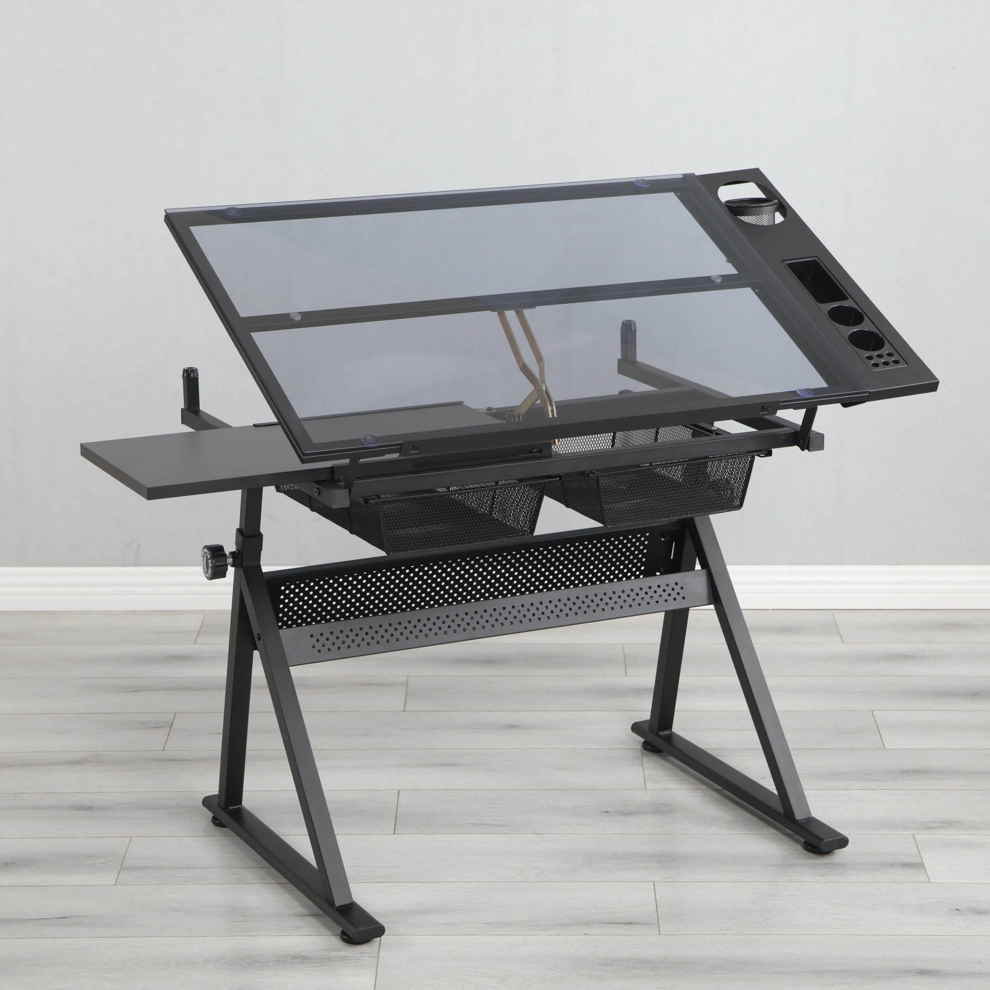 Adjustable Tempered Glass Drafting Table with Chair, Black Printing Desk, Angle-Tilt Work Table for Art & Design view 11