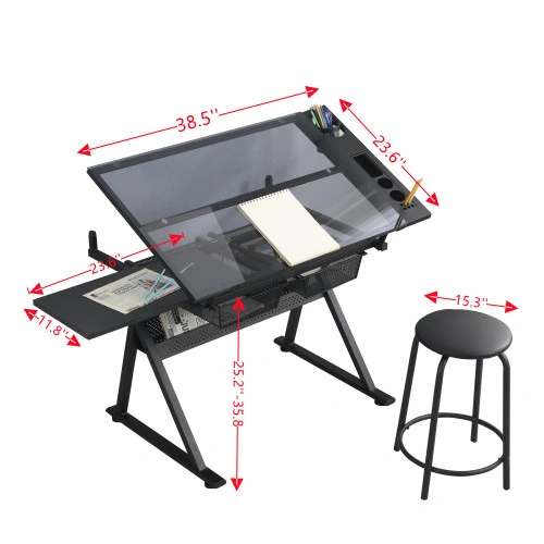 Adjustable Tempered Glass Drafting Table with Chair, Black Printing Desk, Angle-Tilt Work Table for Art & Design view 12
