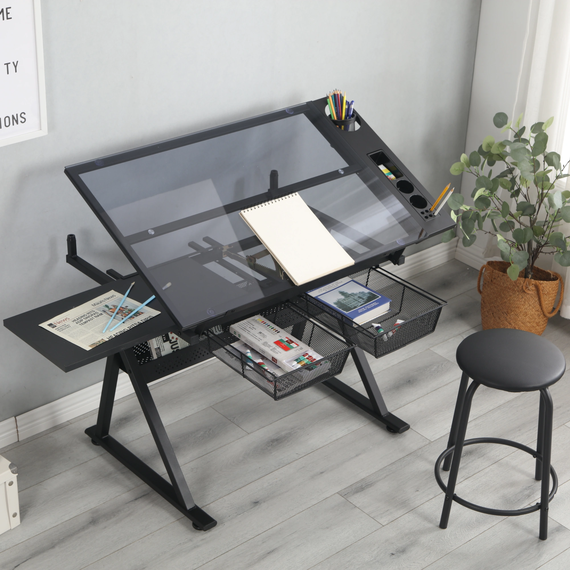 Adjustable Tempered Glass Drafting Table with Chair, Black Printing Desk, Angle-Tilt Work Table for Art & Design