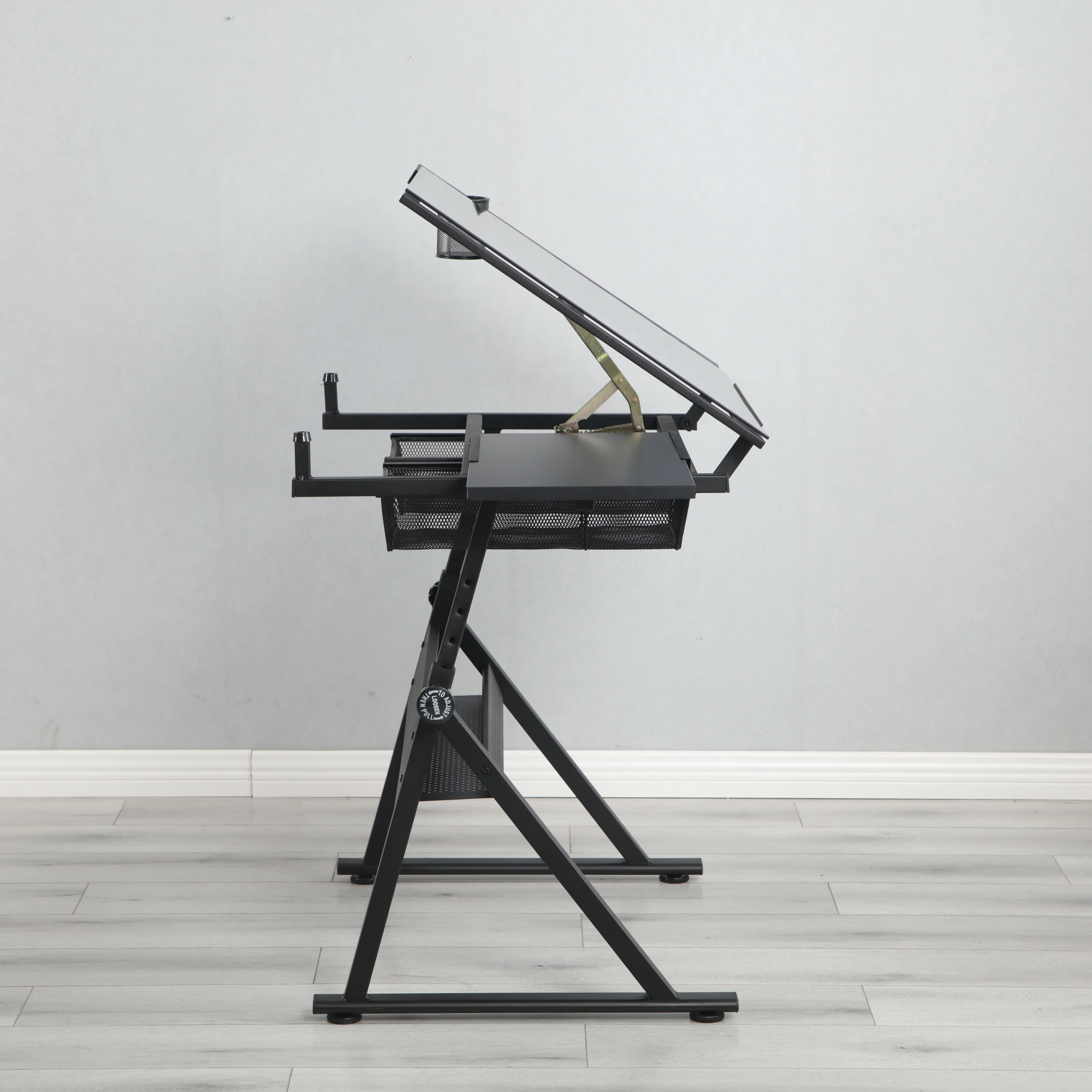 Adjustable Tempered Glass Drafting Table with Chair, Black Printing Desk, Angle-Tilt Work Table for Art & Design view 4