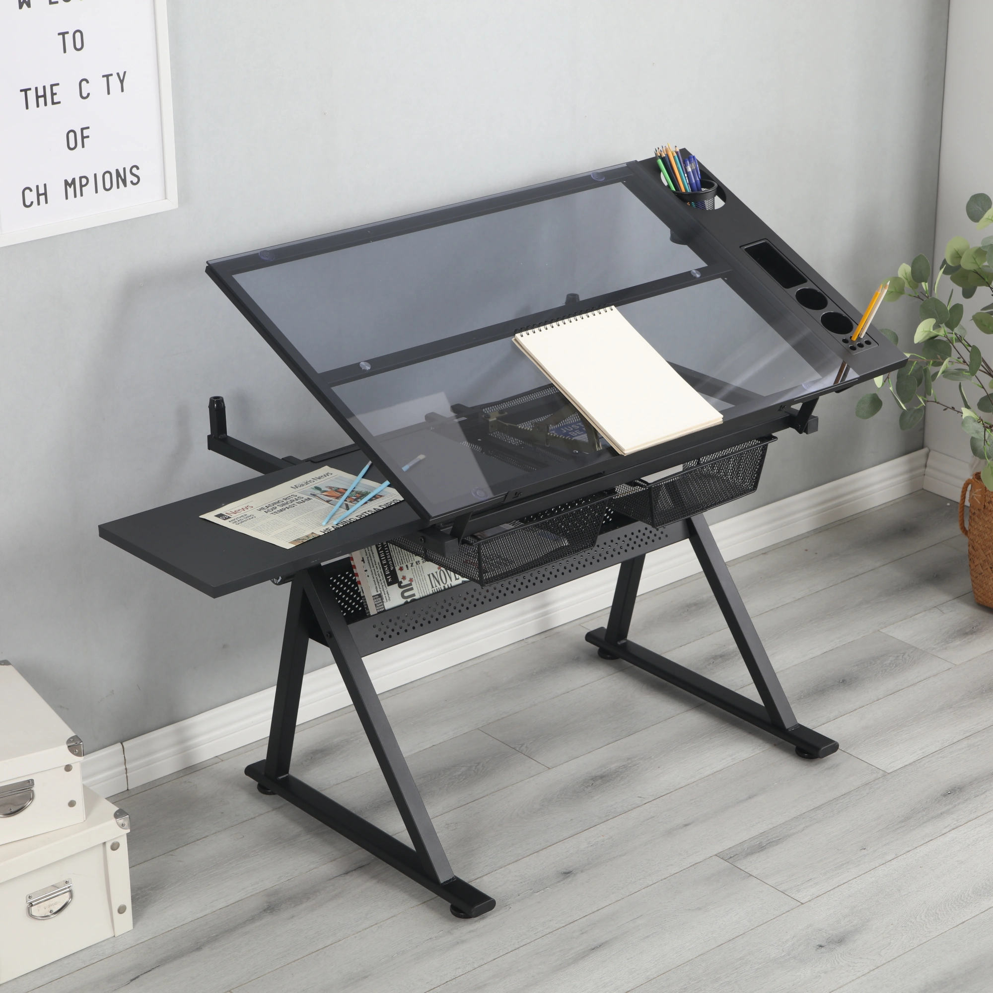 Adjustable Tempered Glass Drafting Table with Chair, Black Printing Desk, Angle-Tilt Work Table for Art & Design view 6