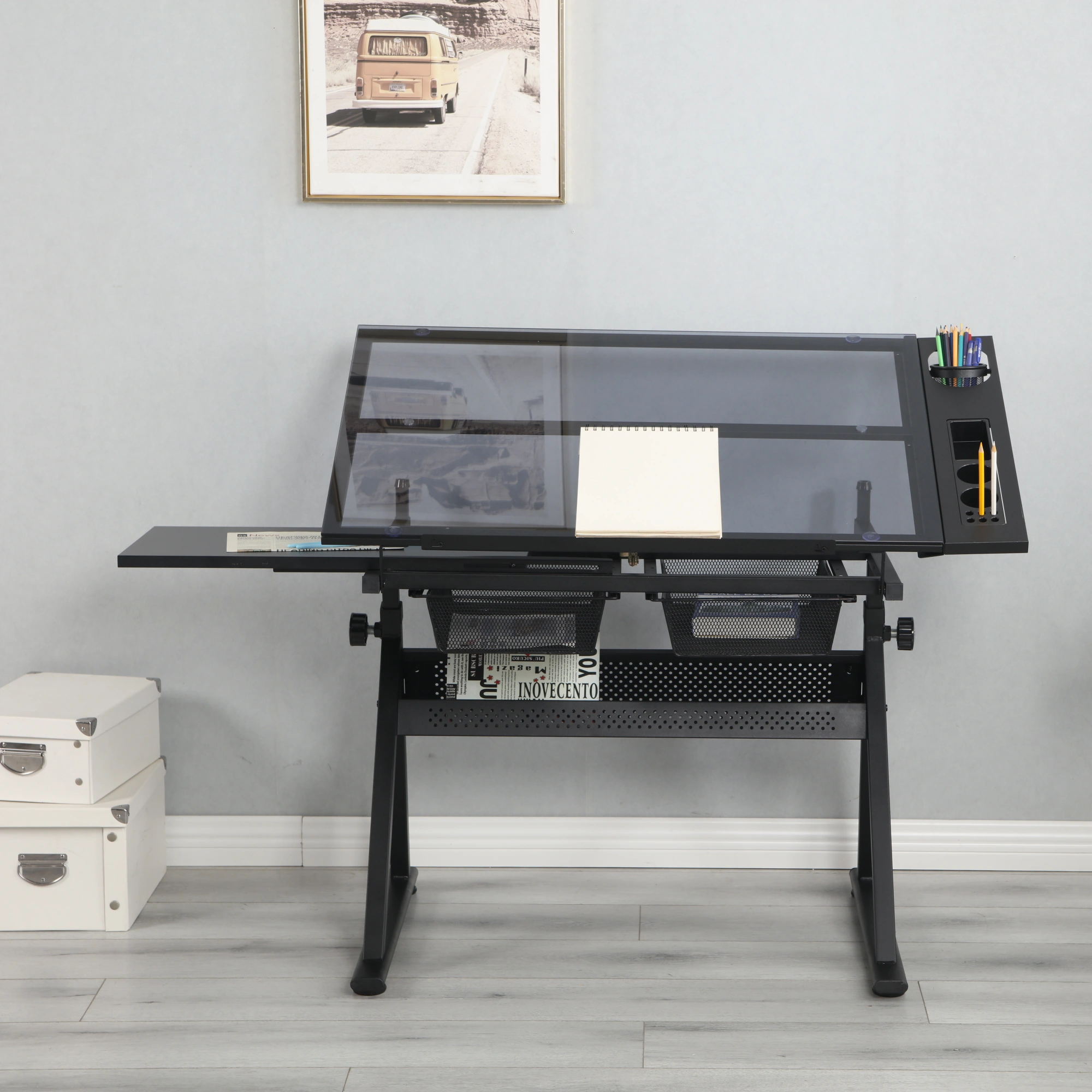 Adjustable Tempered Glass Drafting Table with Chair, Black Printing Desk, Angle-Tilt Work Table for Art & Design view 8