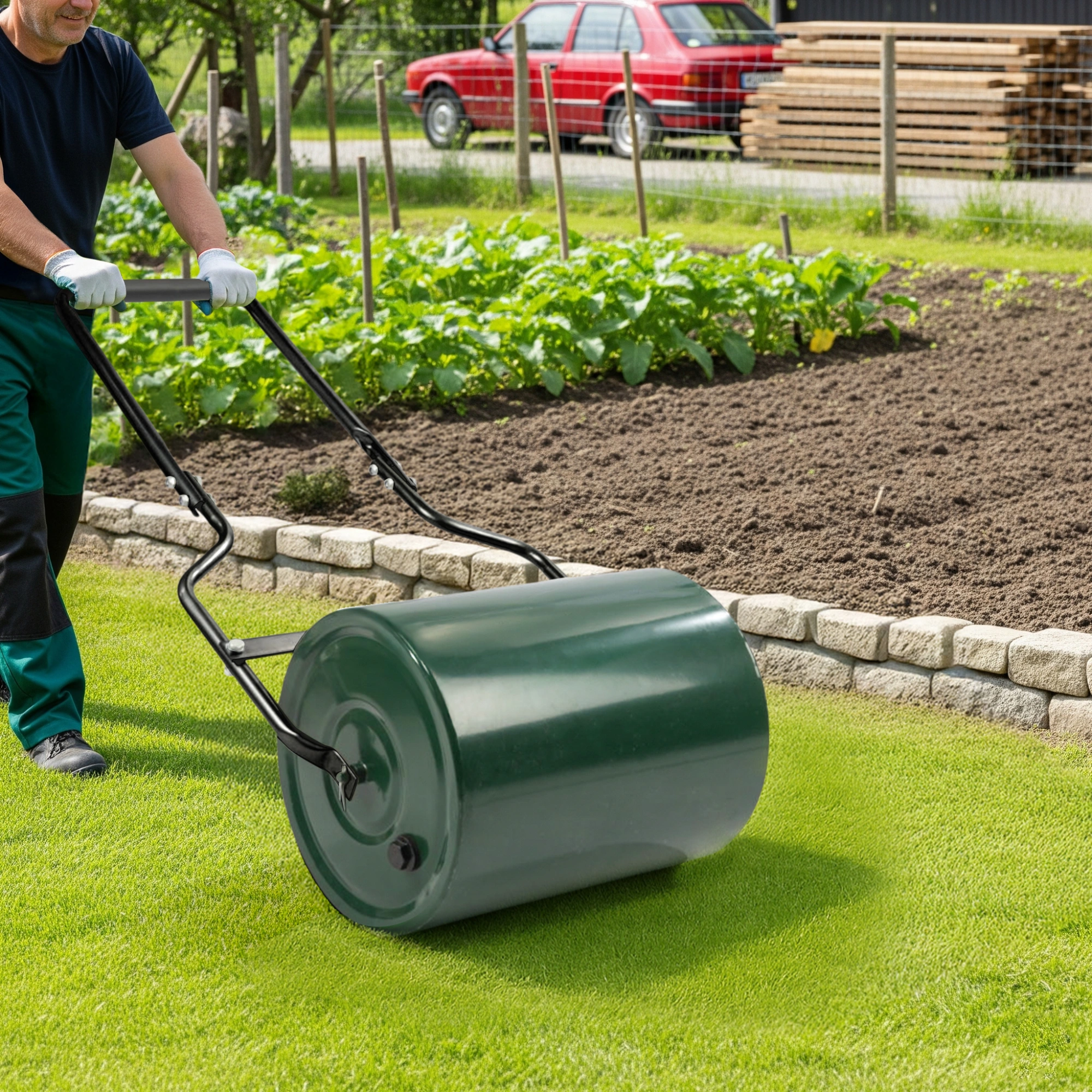16in Heavy Duty Steel Lawn Roller, Garden Roller Can Be Filled with Water or Sand, Hand Roller with U-shaped Handle, Green & Black view 11