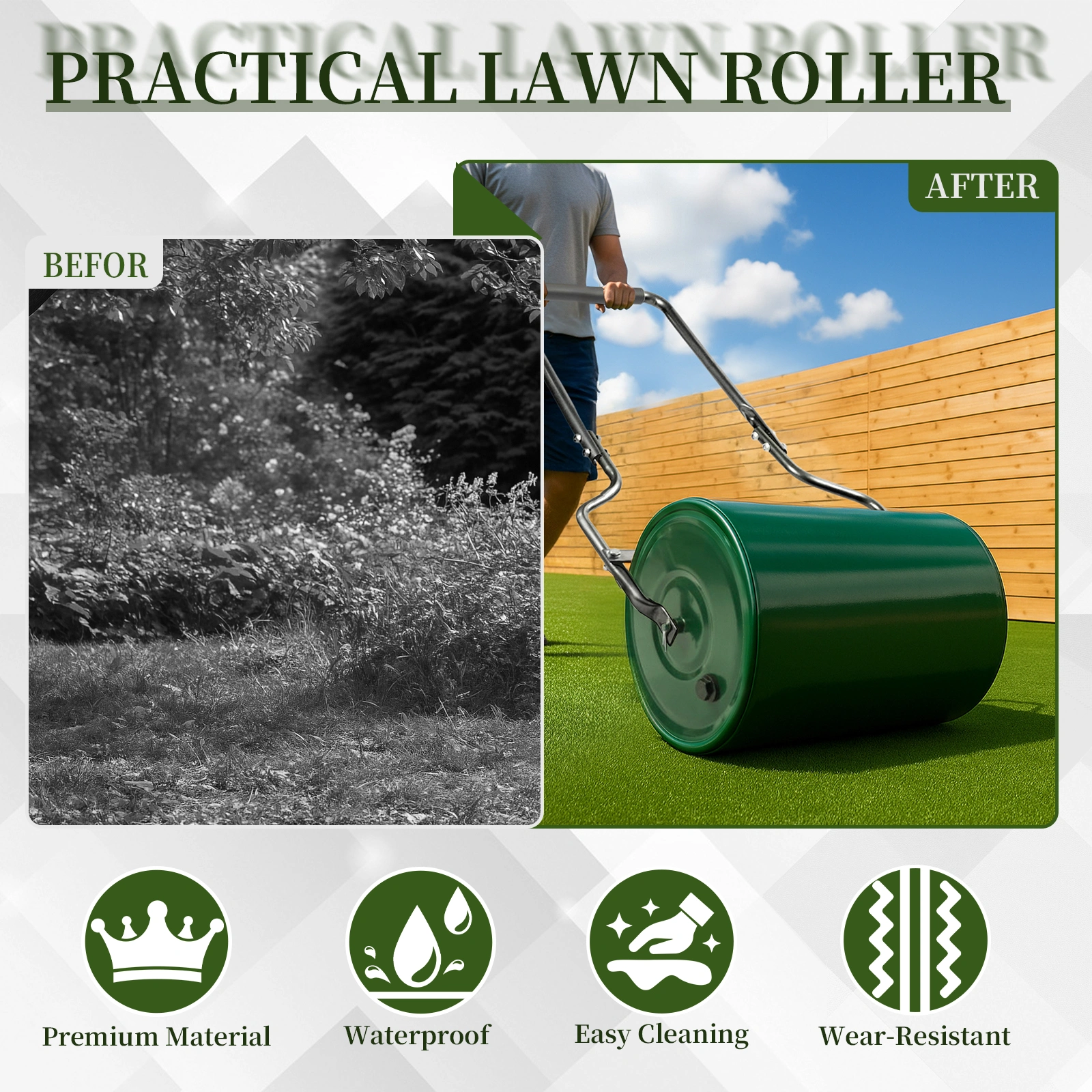 16in Heavy Duty Steel Lawn Roller, Garden Roller Can Be Filled with Water or Sand, Hand Roller with U-shaped Handle, Green & Black view 13