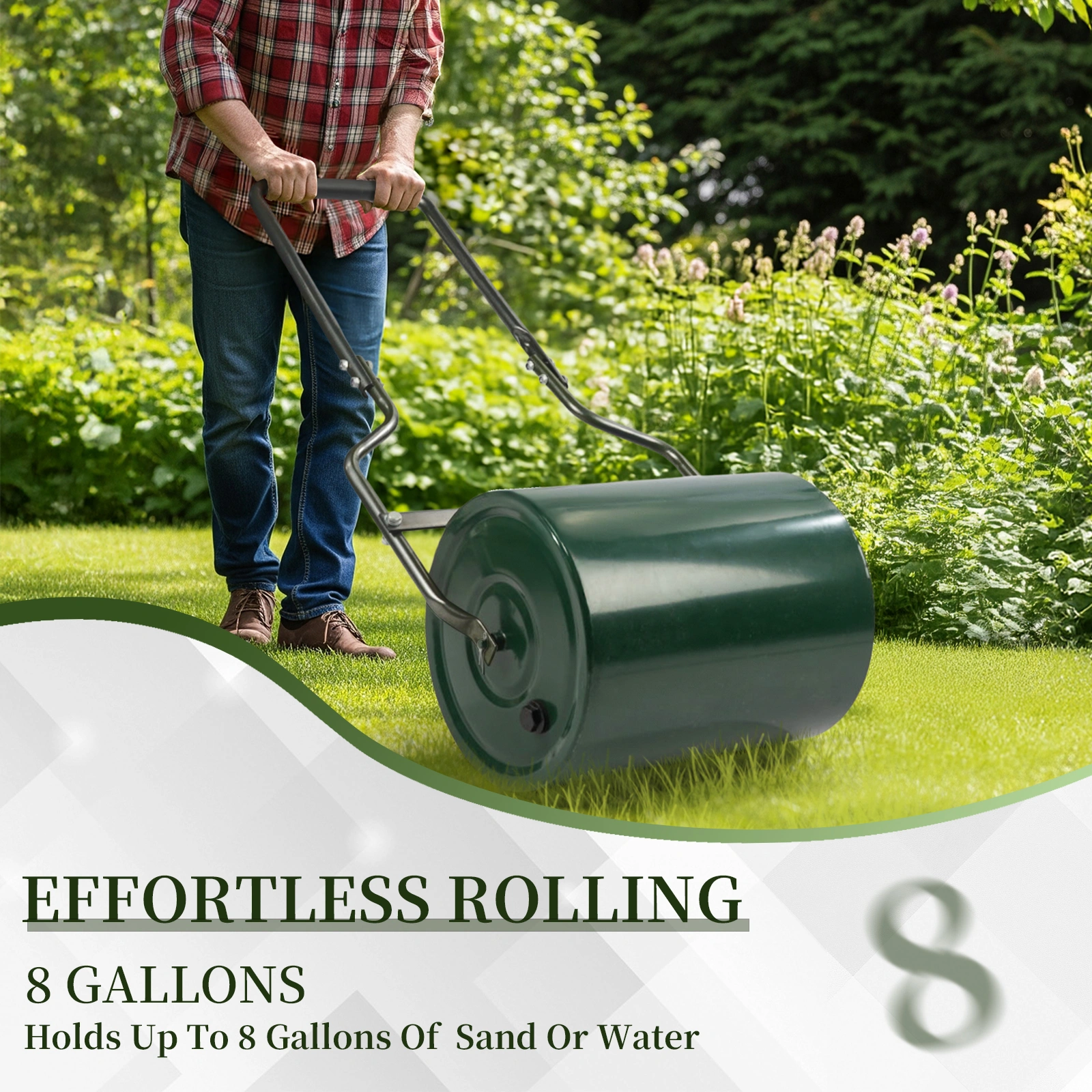 16in Heavy Duty Steel Lawn Roller, Garden Roller Can Be Filled with Water or Sand, Hand Roller with U-shaped Handle, Green & Black view 14
