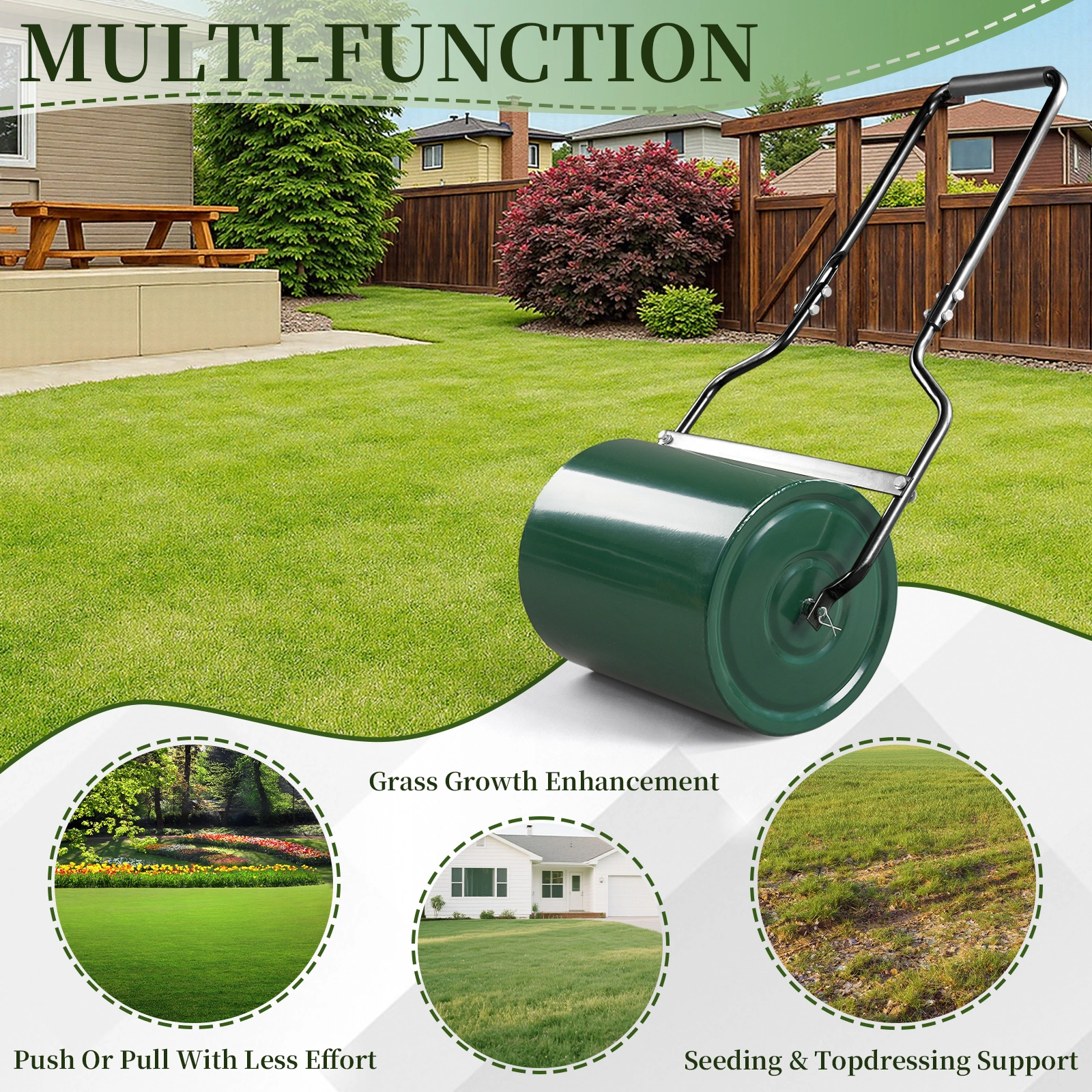 16in Heavy Duty Steel Lawn Roller, Garden Roller Can Be Filled with Water or Sand, Hand Roller with U-shaped Handle, Green & Black view 16
