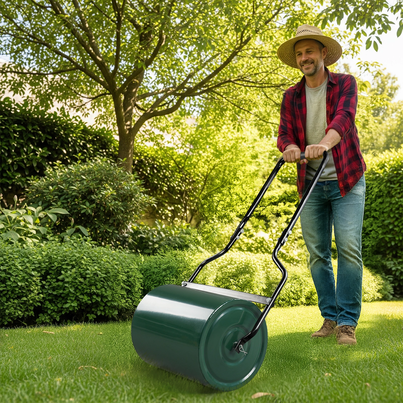 16in Heavy Duty Steel Lawn Roller, Garden Roller Can Be Filled with Water or Sand, Hand Roller with U-shaped Handle, Green & Black view 8