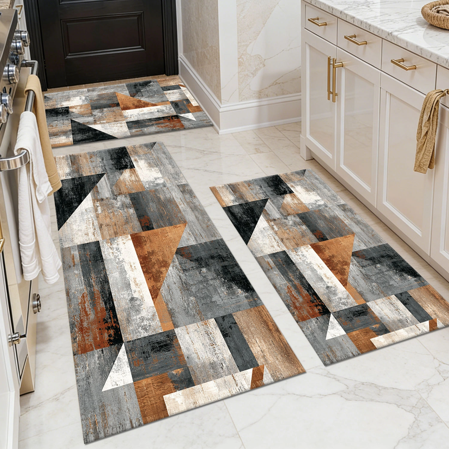 Three-piece kitchen rug set, non-slip and washable, abstract pattern kitchen hallway rug, soft and comfortable, suitable for sinks, floors, entrances, hallways and bathrooms.