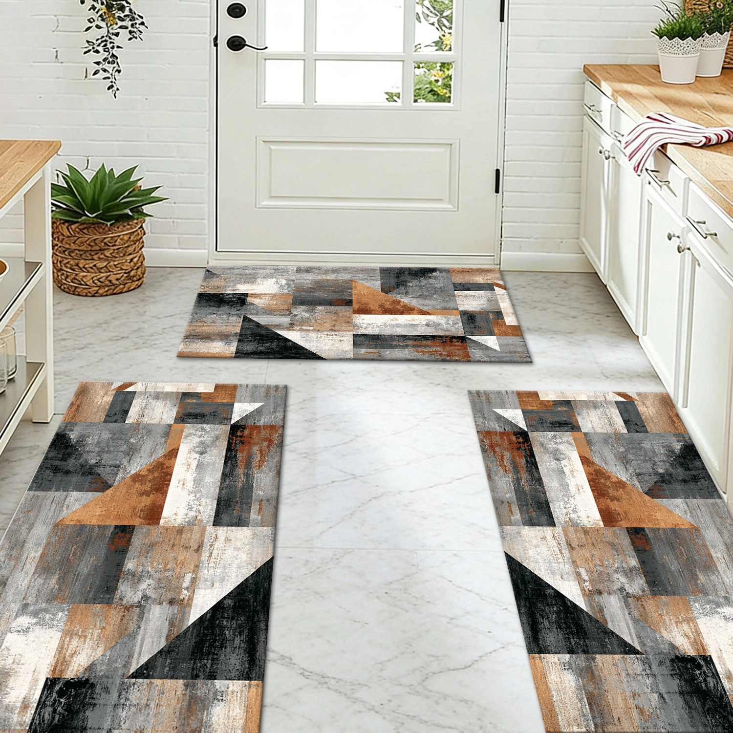 Three-piece kitchen rug set, non-slip and washable, abstract pattern kitchen hallway rug, soft and comfortable, suitable for sinks, floors, entrances, hallways and bathrooms. view 10