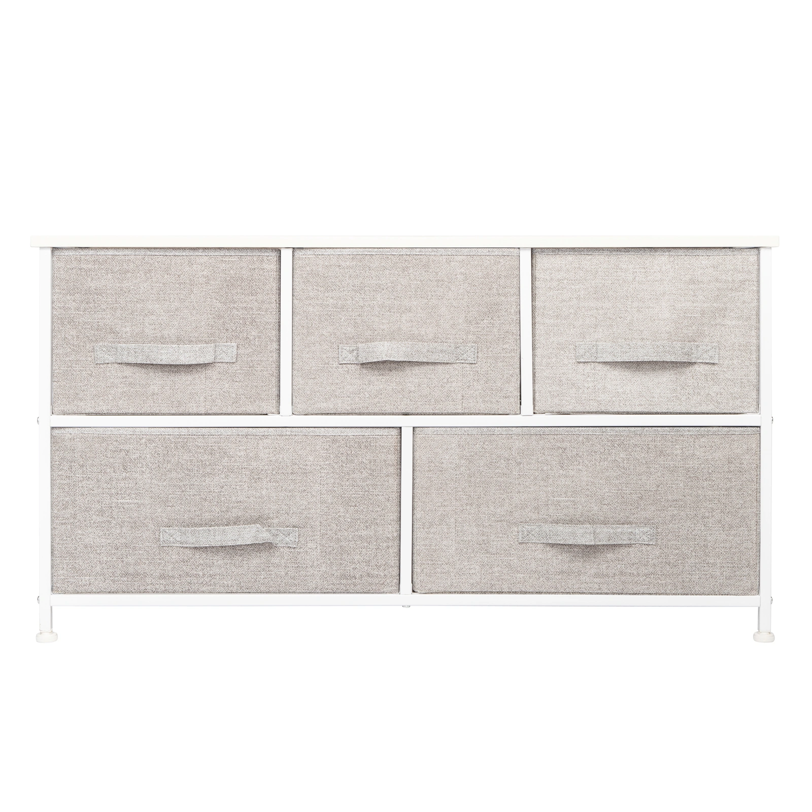 3-Tier Non-Woven Fabric Storage Cabinet, 5 Drawers (3 Small + 2 Large) with Cloth Handles, Iron Frame & Wooden Board, 104x30x48cm, White Panel with Light Gray Drawers view 2