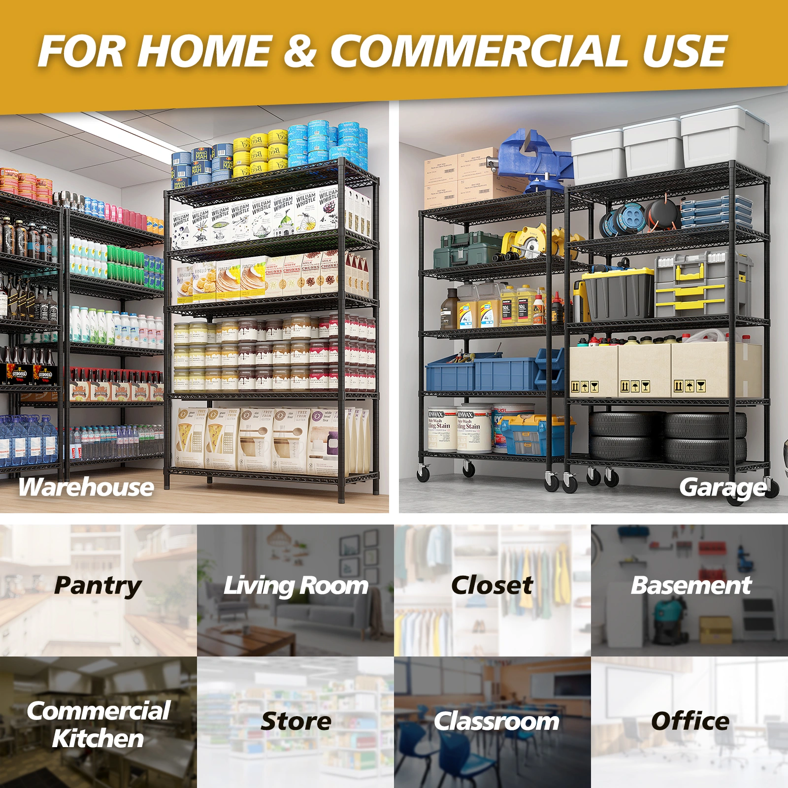 Heavy Duty Storage Shelves 55.12" W Wire Shelving Unit with Wheels 3200LBS NSF Metal Shelves for Storage Adjustable Garage Storage Rack Pantry Shelf Commercial Shelving, 75.59" H X 55.12''W X 23.62 view 2