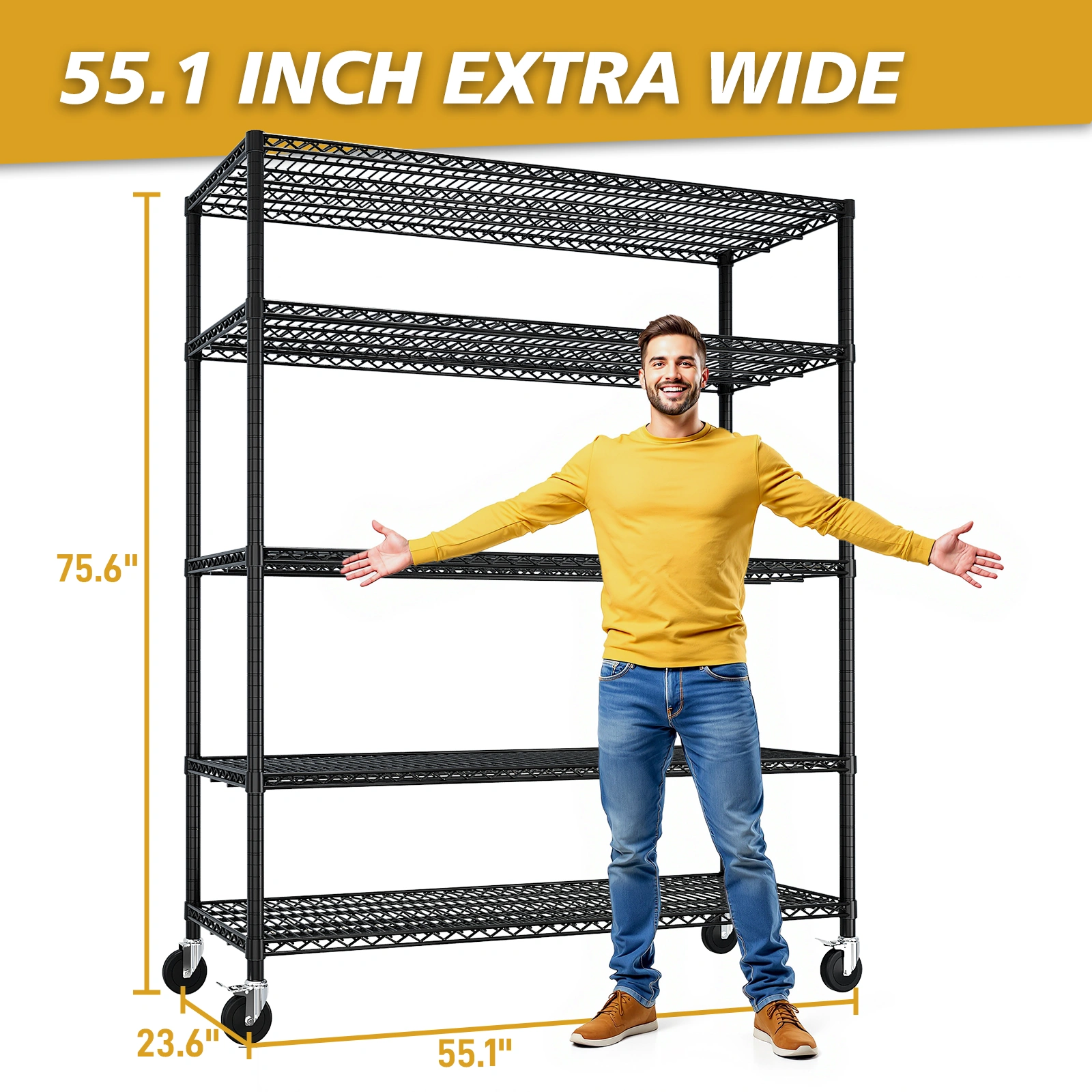 Heavy Duty Storage Shelves 55.12" W Wire Shelving Unit with Wheels 3200LBS NSF Metal Shelves for Storage Adjustable Garage Storage Rack Pantry Shelf Commercial Shelving, 75.59" H X 55.12''W X 23.62 view 8