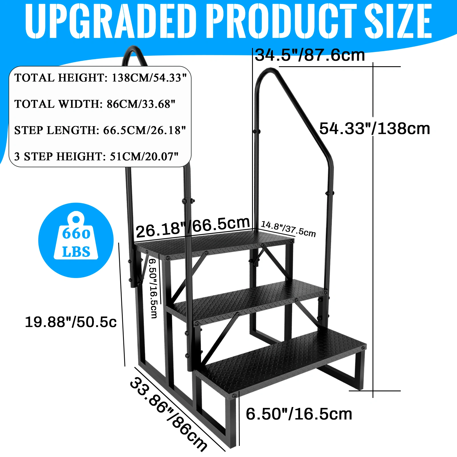 3-Step RV Ladder with Handrails, Heavy Duty Anti-Slip RV Steps, Removable Camper Stairs for Hot Tub/Spa/Porch/Pet/Mobile Home view 2