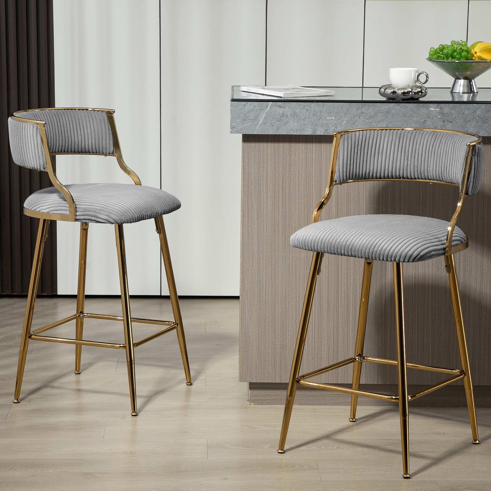 Set of 2 Counter Height Bar Stools 26" Corduroy Kitchen Island Stool with Back, Gold Chrome Base & Footrest - Grey
