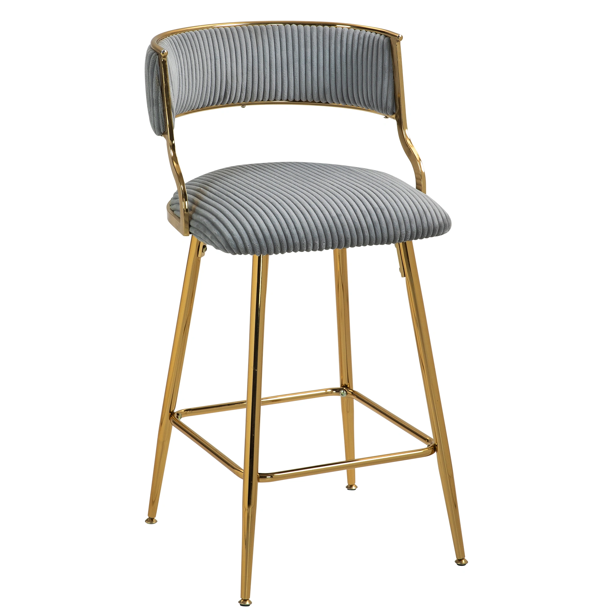 Set of 2 Counter Height Bar Stools 26" Corduroy Kitchen Island Stool with Back, Gold Chrome Base & Footrest - Grey view 4