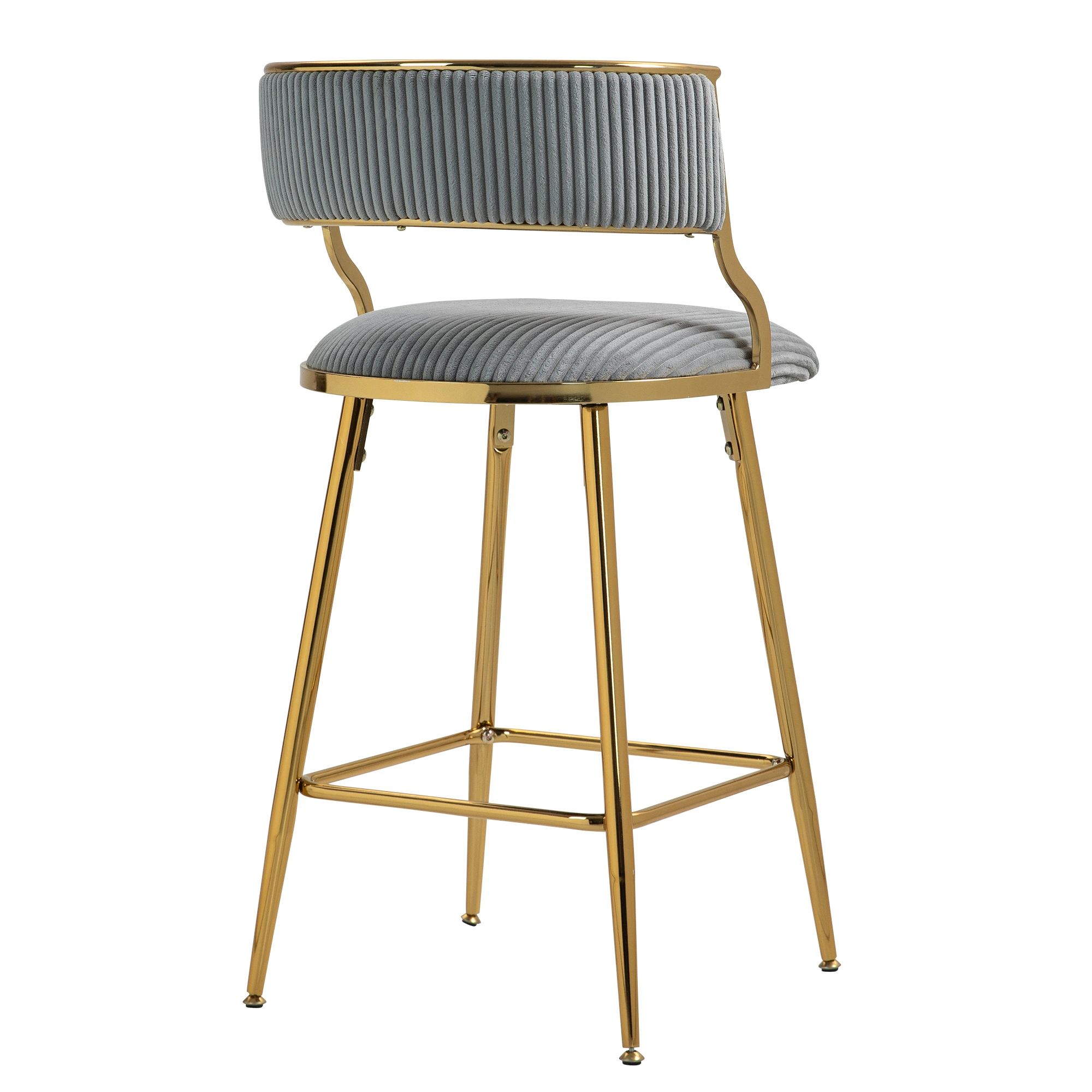 Set of 2 Counter Height Bar Stools 26" Corduroy Kitchen Island Stool with Back, Gold Chrome Base & Footrest - Grey view 5