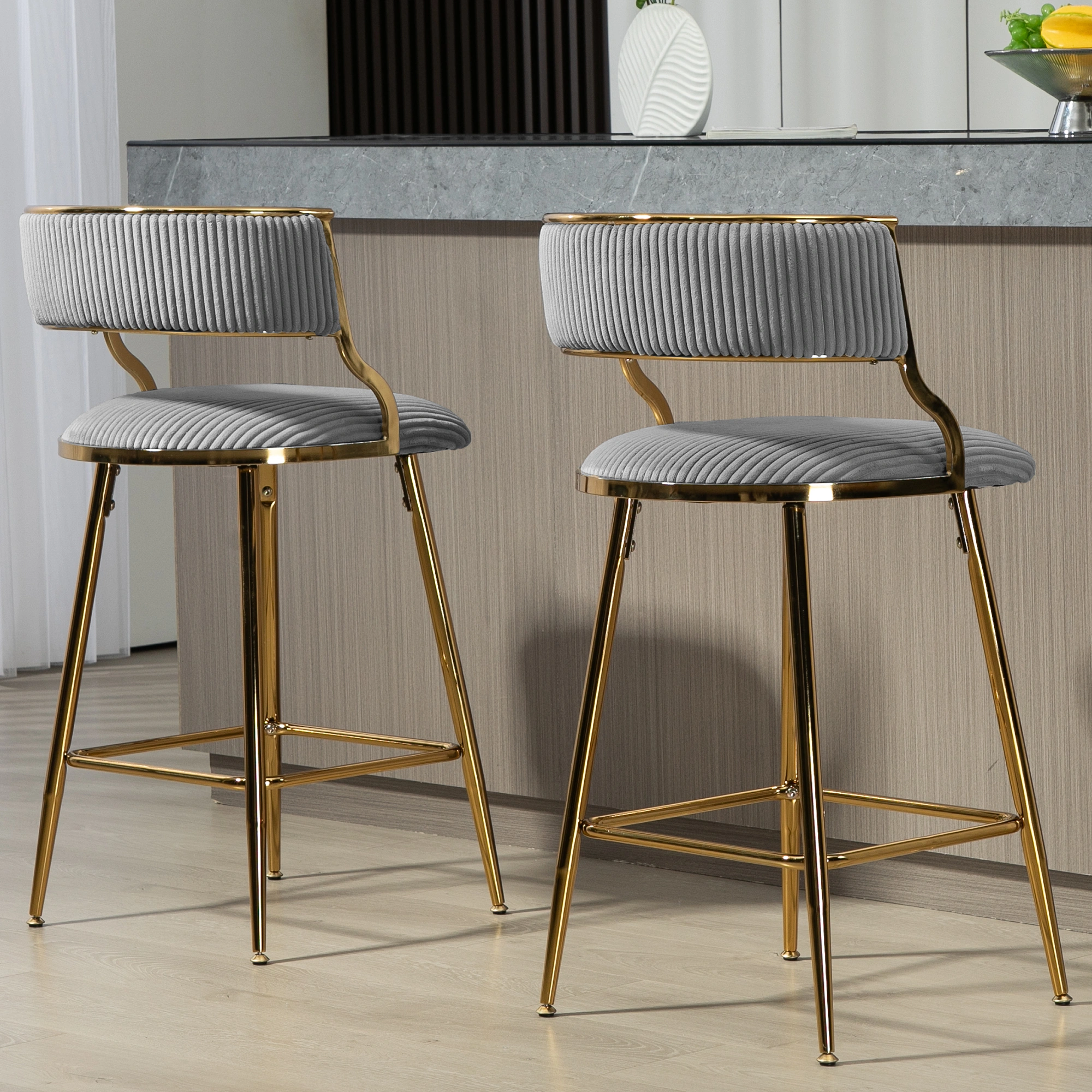 Set of 2 Counter Height Bar Stools 26" Corduroy Kitchen Island Stool with Back, Gold Chrome Base & Footrest - Grey view 8