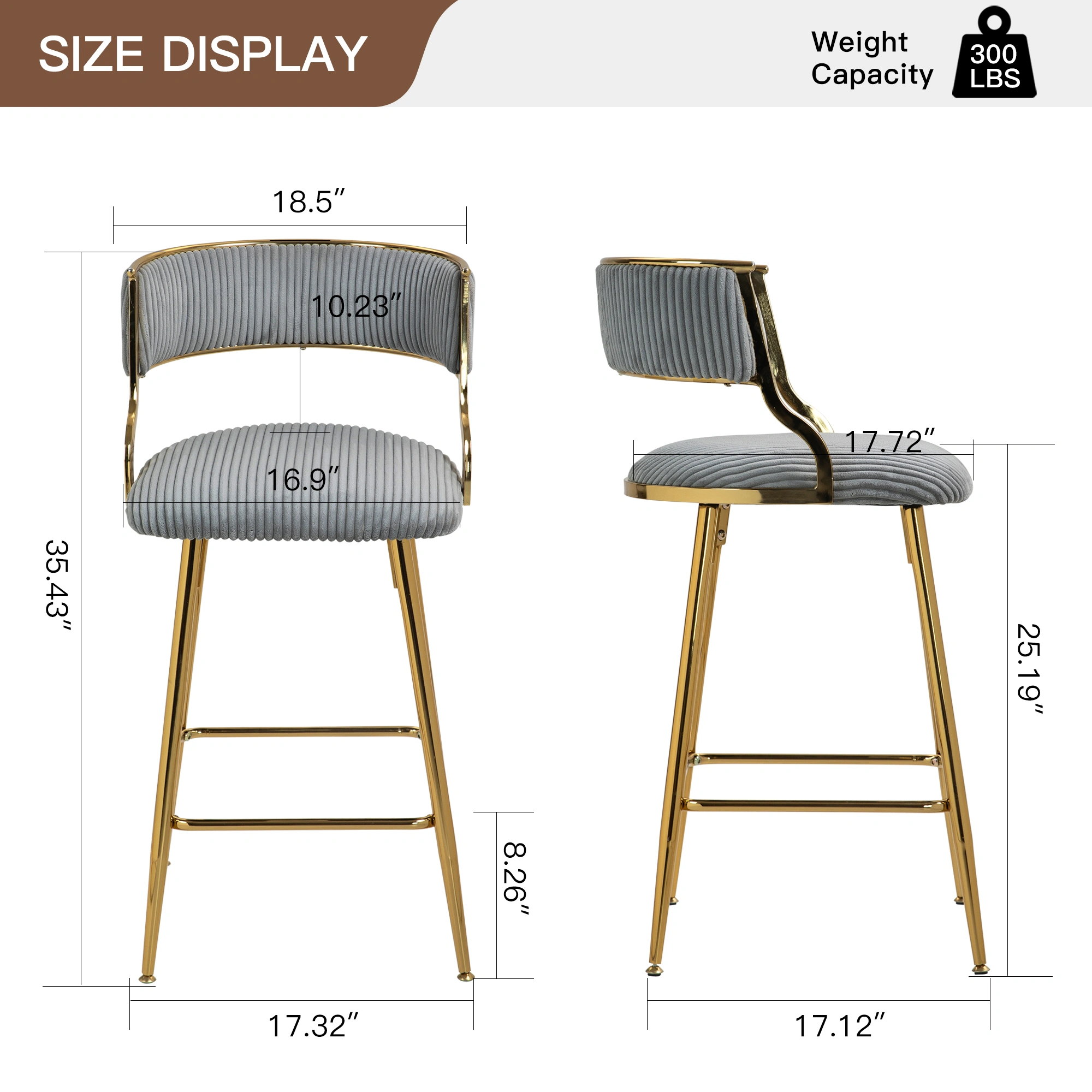 Set of 2 Counter Height Bar Stools 26" Corduroy Kitchen Island Stool with Back, Gold Chrome Base & Footrest - Grey view 9