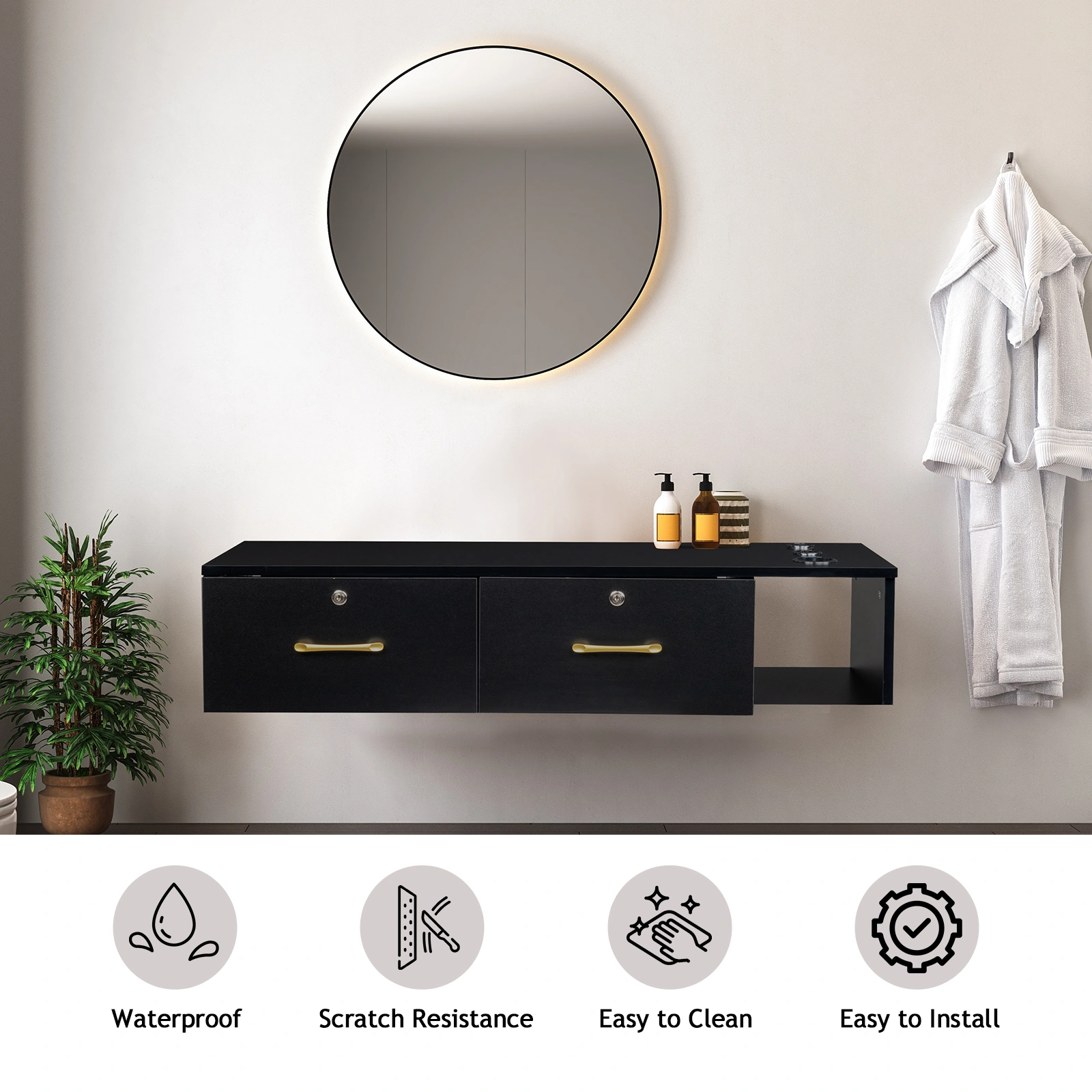 15cm E0 particleboard with hemp surface, two draws and three holes with lock, salon cabinet, black view 14