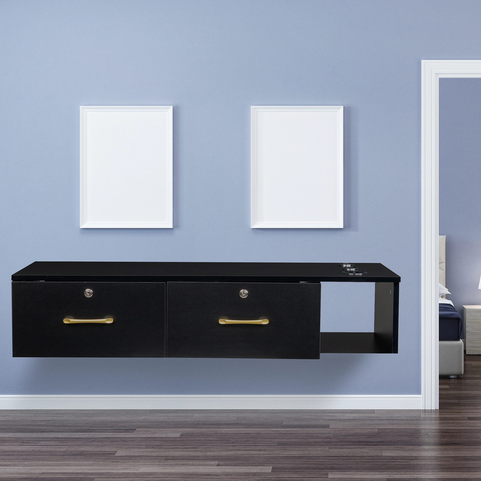 15cm E0 particleboard with hemp surface, two draws and three holes with lock, salon cabinet, black view 9