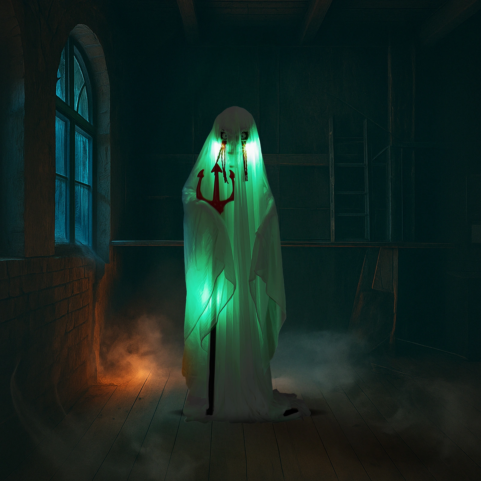 4.3ft Halloween Decorations Outdoor Life Size Animatronics Ghost with Trident, Sound-Actived Party Decor with Green Lights and Creepy Sound, Scary Haunted House Props for Garden Yard Lawn view 11