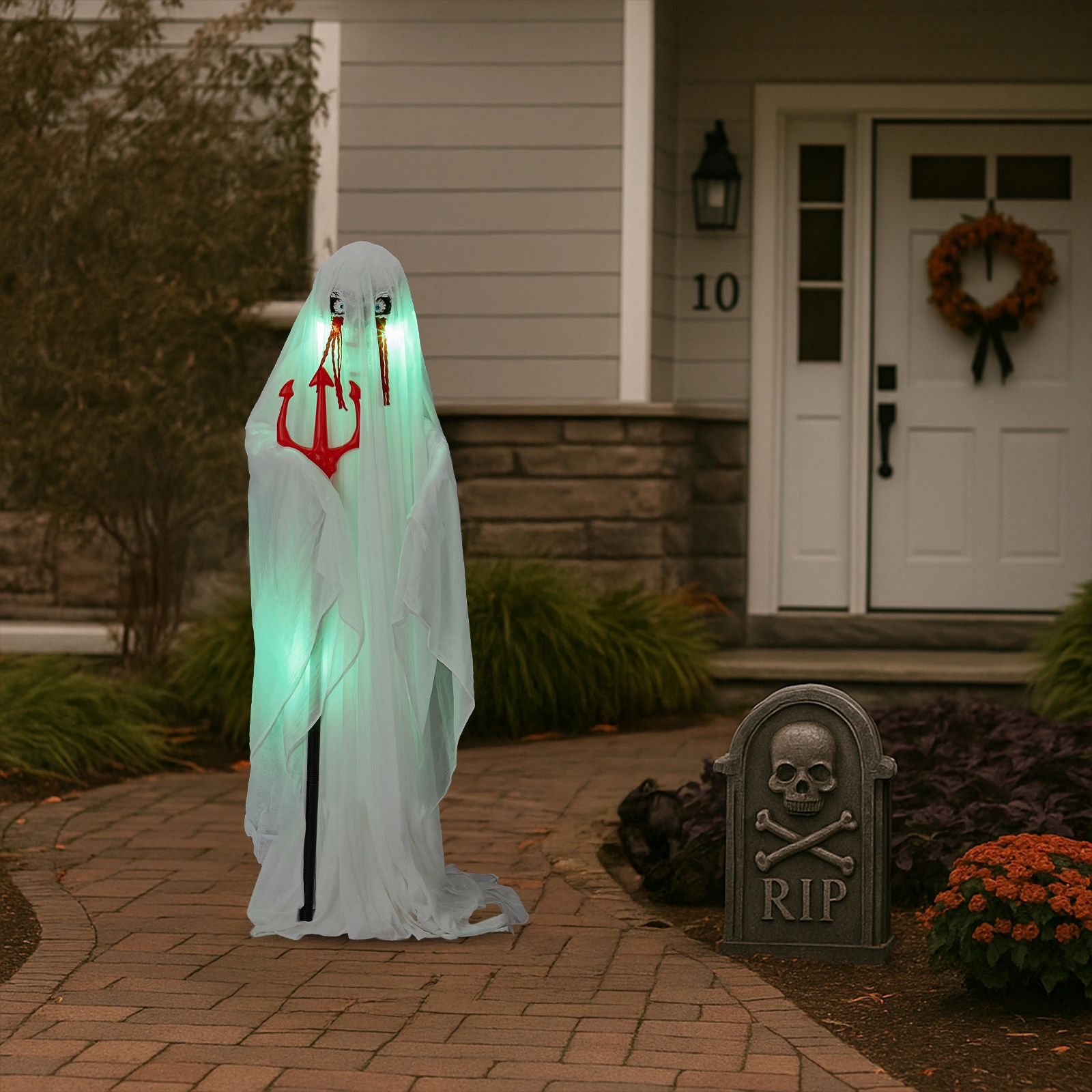 4.3ft Halloween Decorations Outdoor Life Size Animatronics Ghost with Trident, Sound-Actived Party Decor with Green Lights and Creepy Sound, Scary Haunted House Props for Garden Yard Lawn view 13