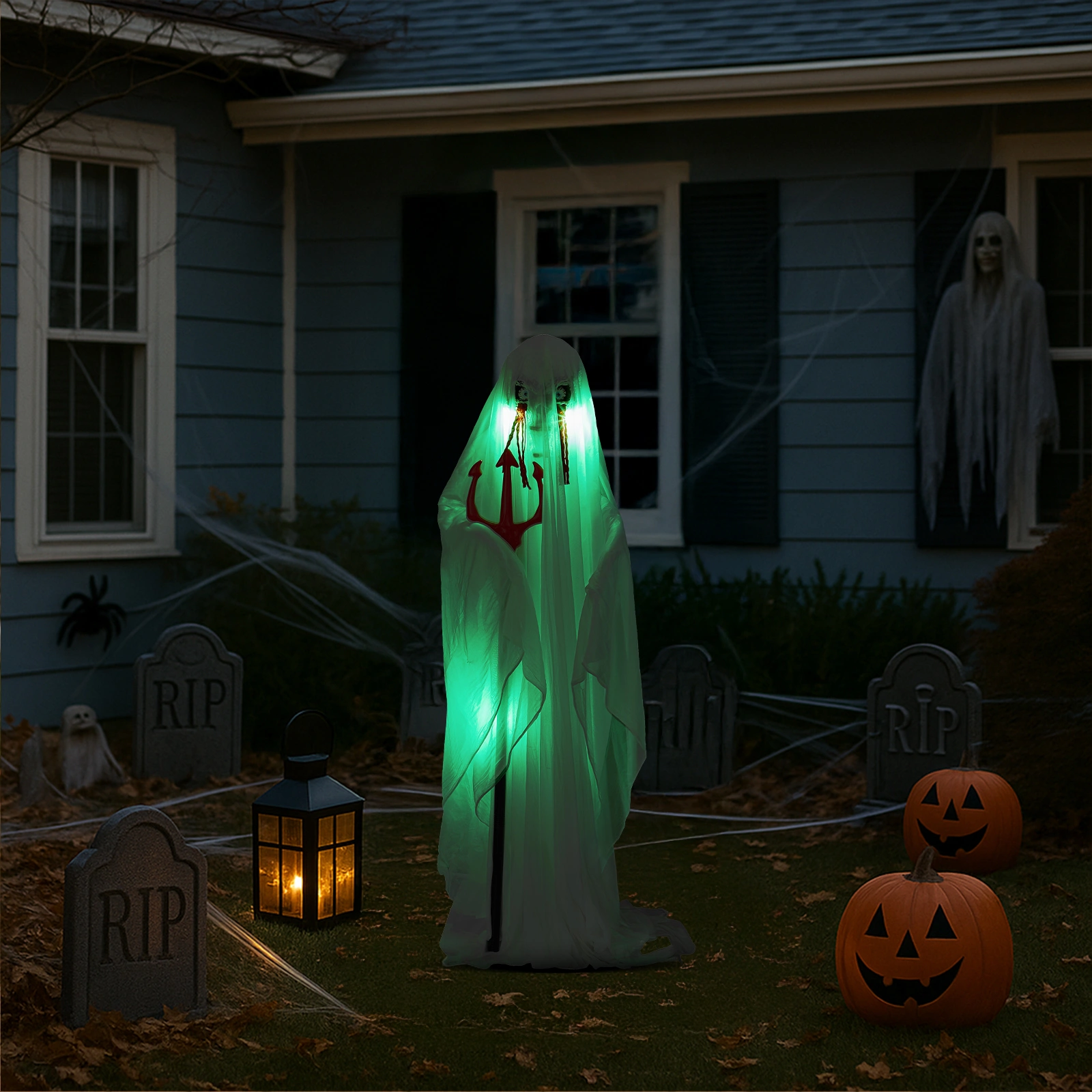 4.3ft Halloween Decorations Outdoor Life Size Animatronics Ghost with Trident, Sound-Actived Party Decor with Green Lights and Creepy Sound, Scary Haunted House Props for Garden Yard Lawn view 14