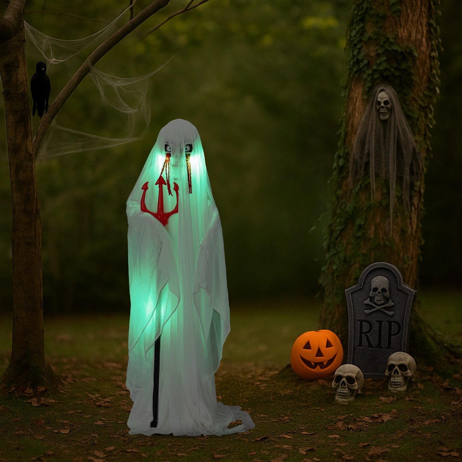 4.3ft Halloween Decorations Outdoor Life Size Animatronics Ghost with Trident, Sound-Actived Party Decor with Green Lights and Creepy Sound, Scary Haunted House Props for Garden Yard Lawn view 15