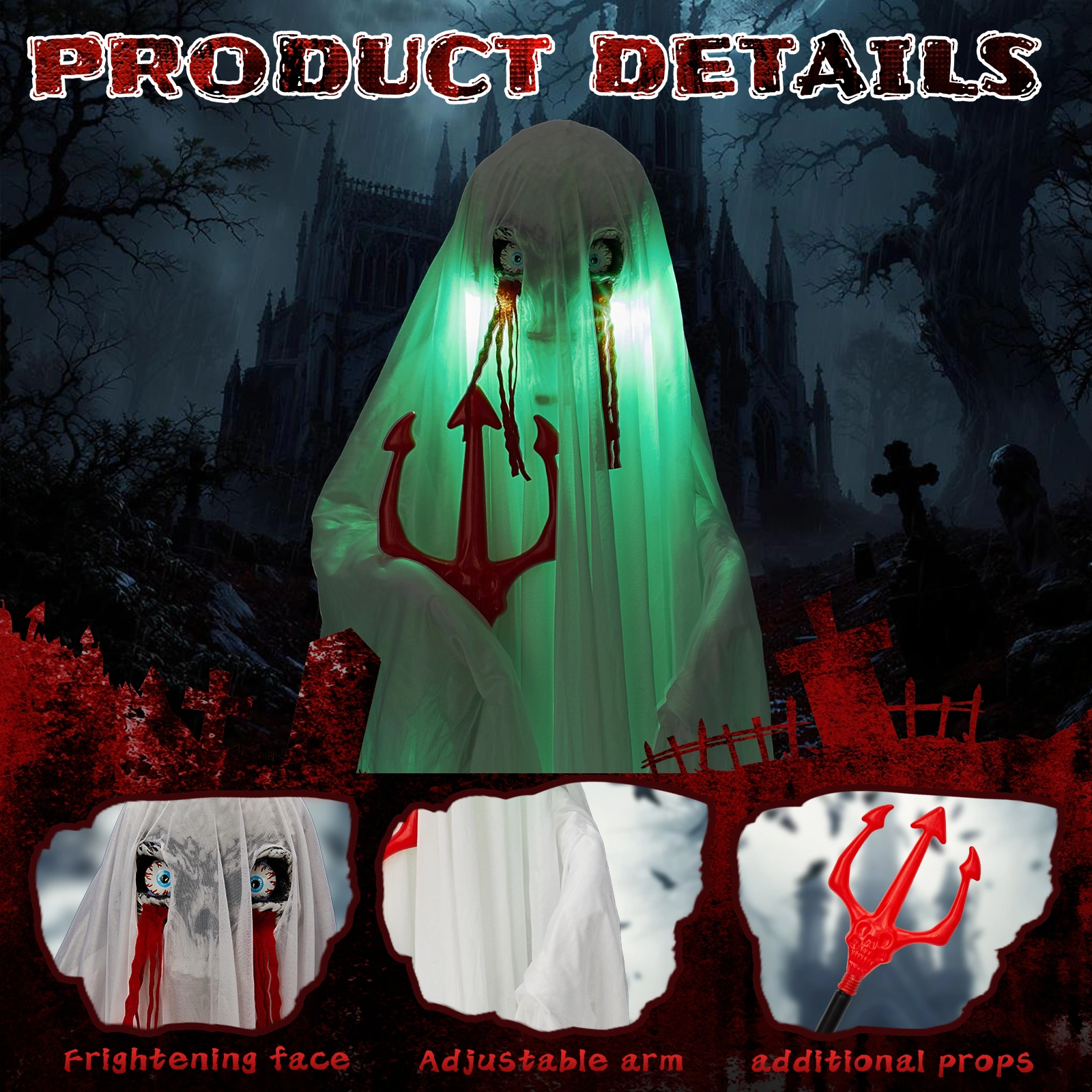 4.3ft Halloween Decorations Outdoor Life Size Animatronics Ghost with Trident, Sound-Actived Party Decor with Green Lights and Creepy Sound, Scary Haunted House Props for Garden Yard Lawn view 5