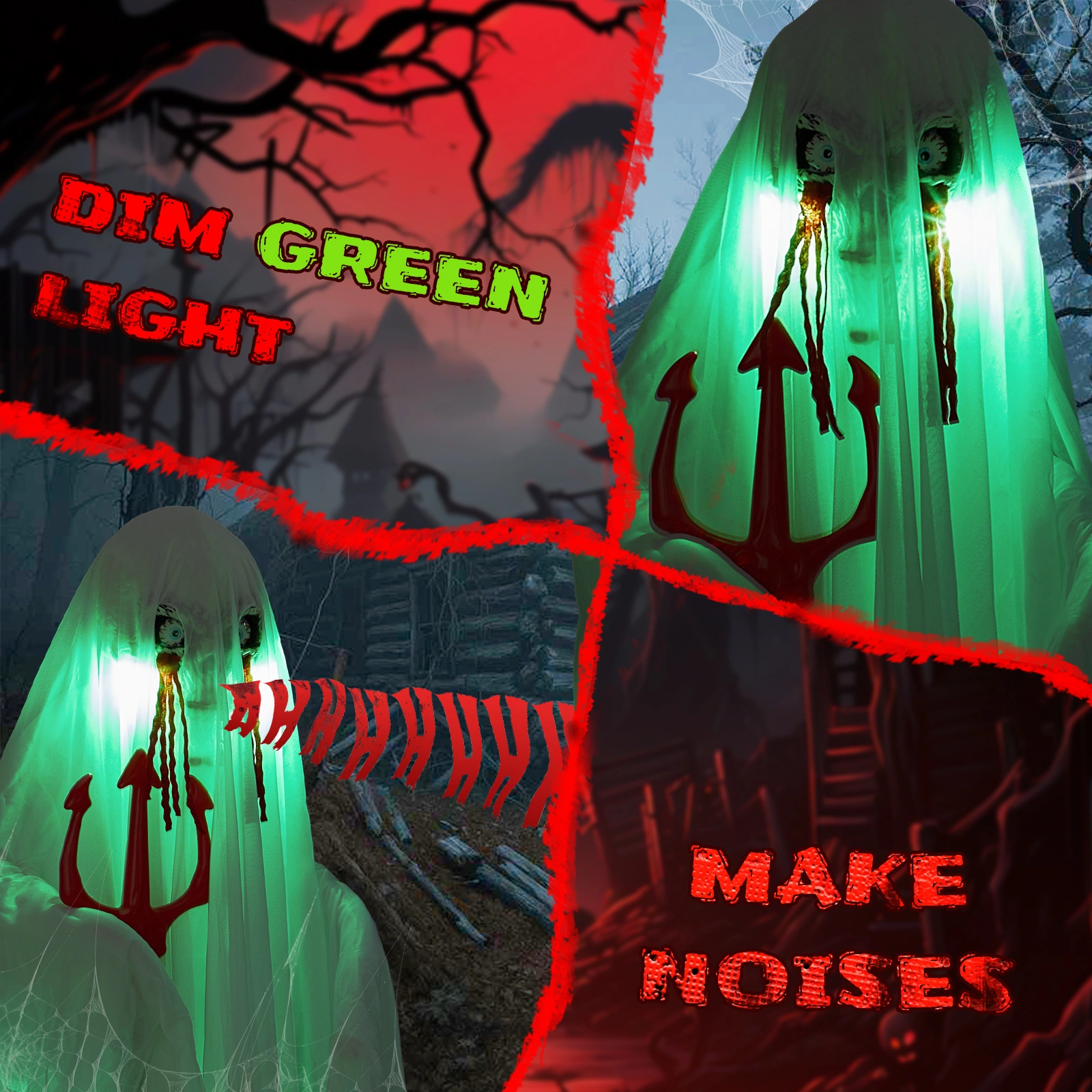 4.3ft Halloween Decorations Outdoor Life Size Animatronics Ghost with Trident, Sound-Actived Party Decor with Green Lights and Creepy Sound, Scary Haunted House Props for Garden Yard Lawn view 6