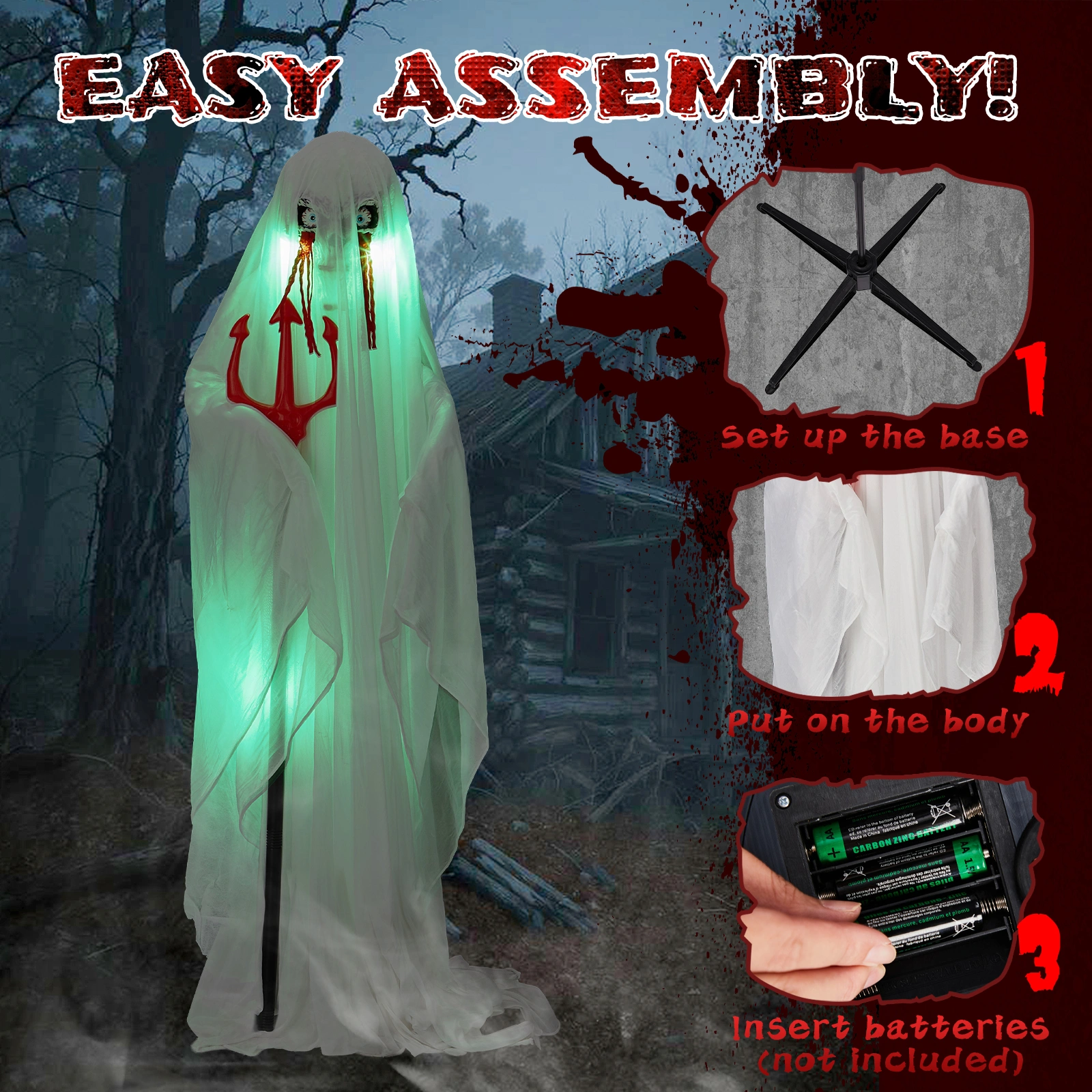 4.3ft Halloween Decorations Outdoor Life Size Animatronics Ghost with Trident, Sound-Actived Party Decor with Green Lights and Creepy Sound, Scary Haunted House Props for Garden Yard Lawn view 8
