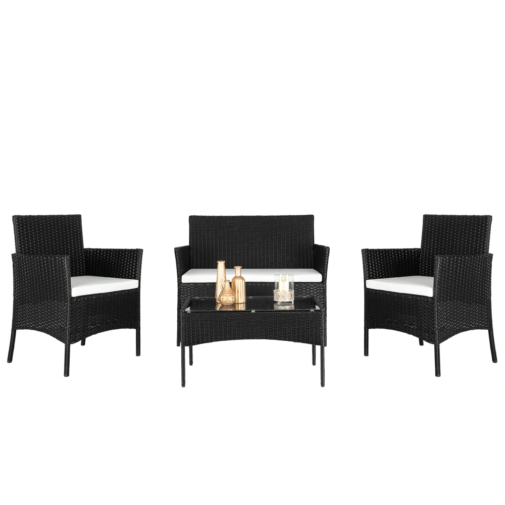 2pcs Arm Chairs 1pc Love Seat & Tempered Glass Coffee Table Rattan Sofa Set Black view 13