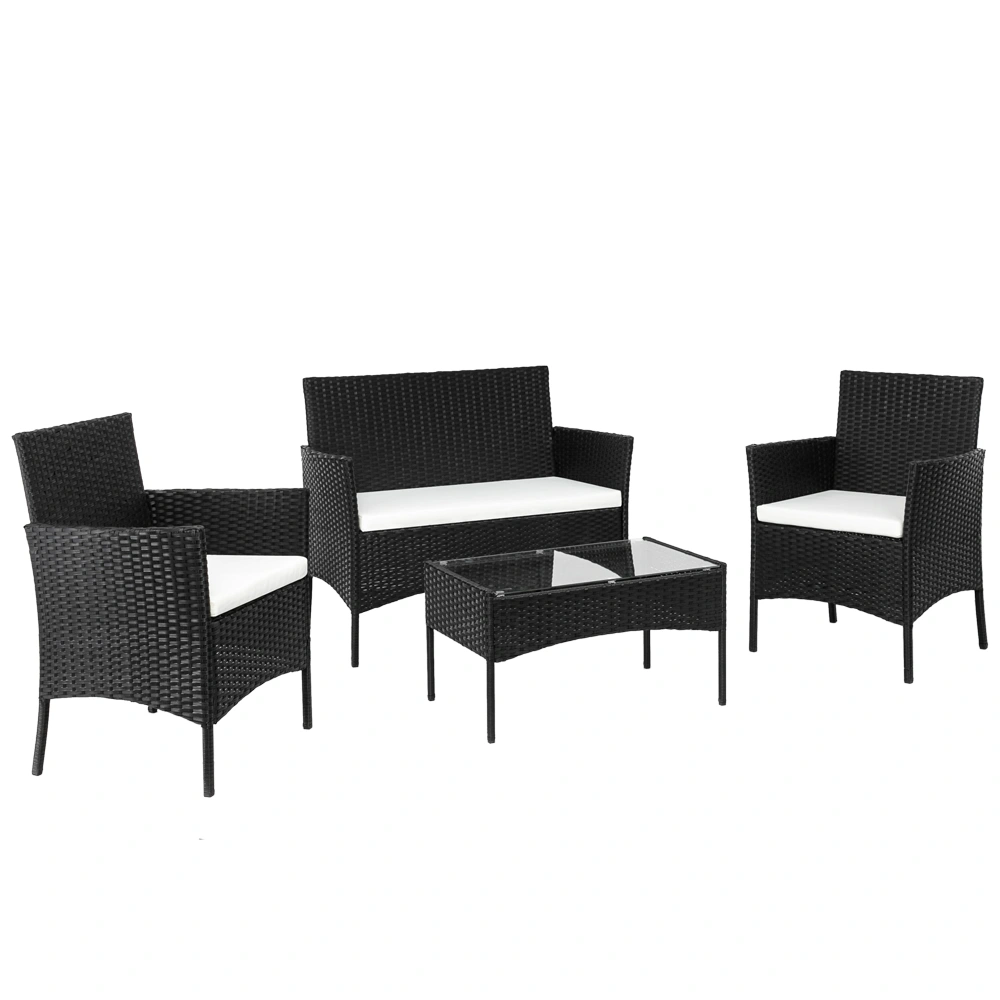 2pcs Arm Chairs 1pc Love Seat & Tempered Glass Coffee Table Rattan Sofa Set Black view 16