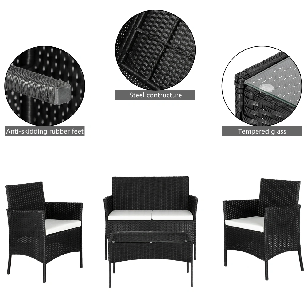 2pcs Arm Chairs 1pc Love Seat & Tempered Glass Coffee Table Rattan Sofa Set Black view 35