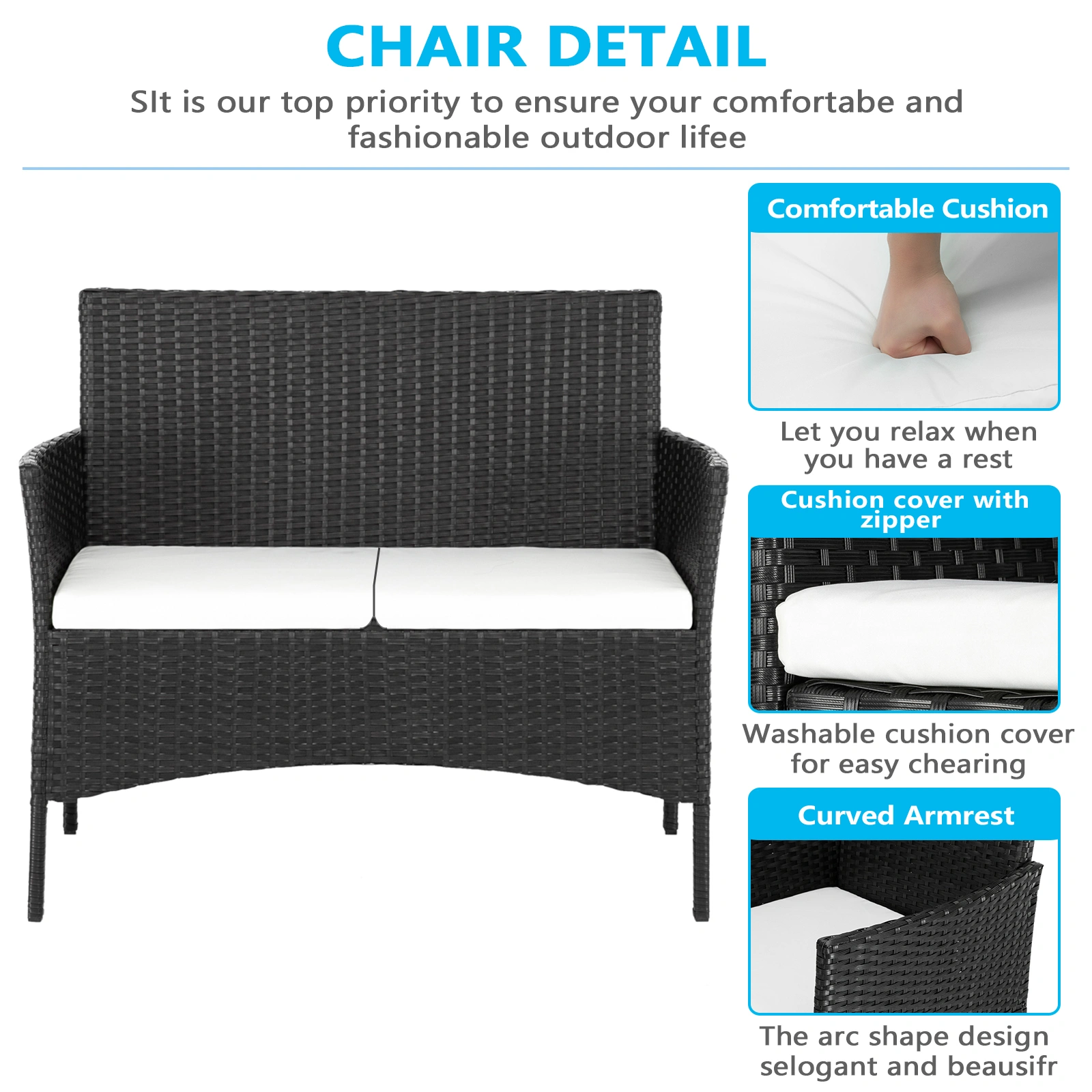 2pcs Arm Chairs 1pc Love Seat & Tempered Glass Coffee Table Rattan Sofa Set Black view 36