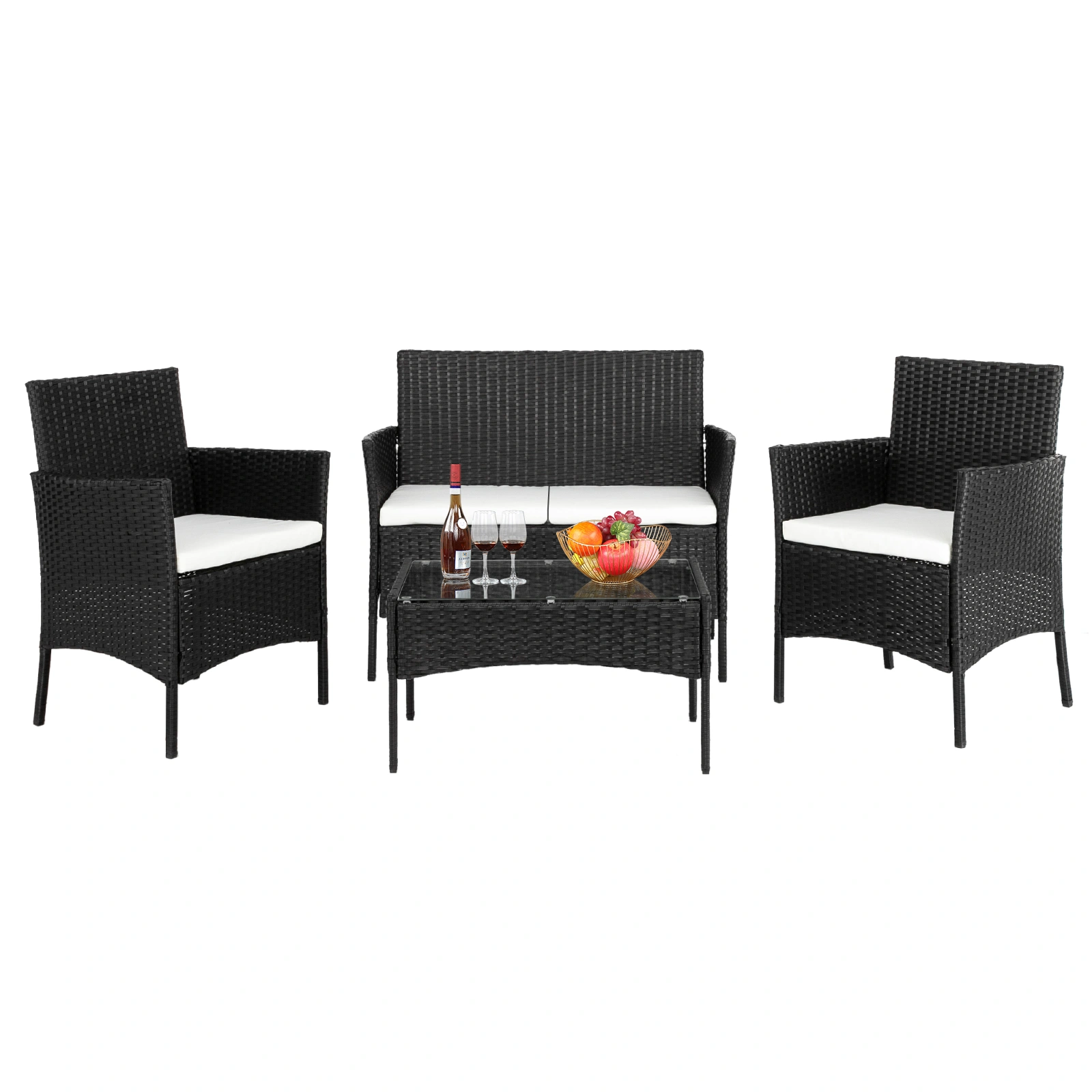 2pcs Arm Chairs 1pc Love Seat & Tempered Glass Coffee Table Rattan Sofa Set Black view 46