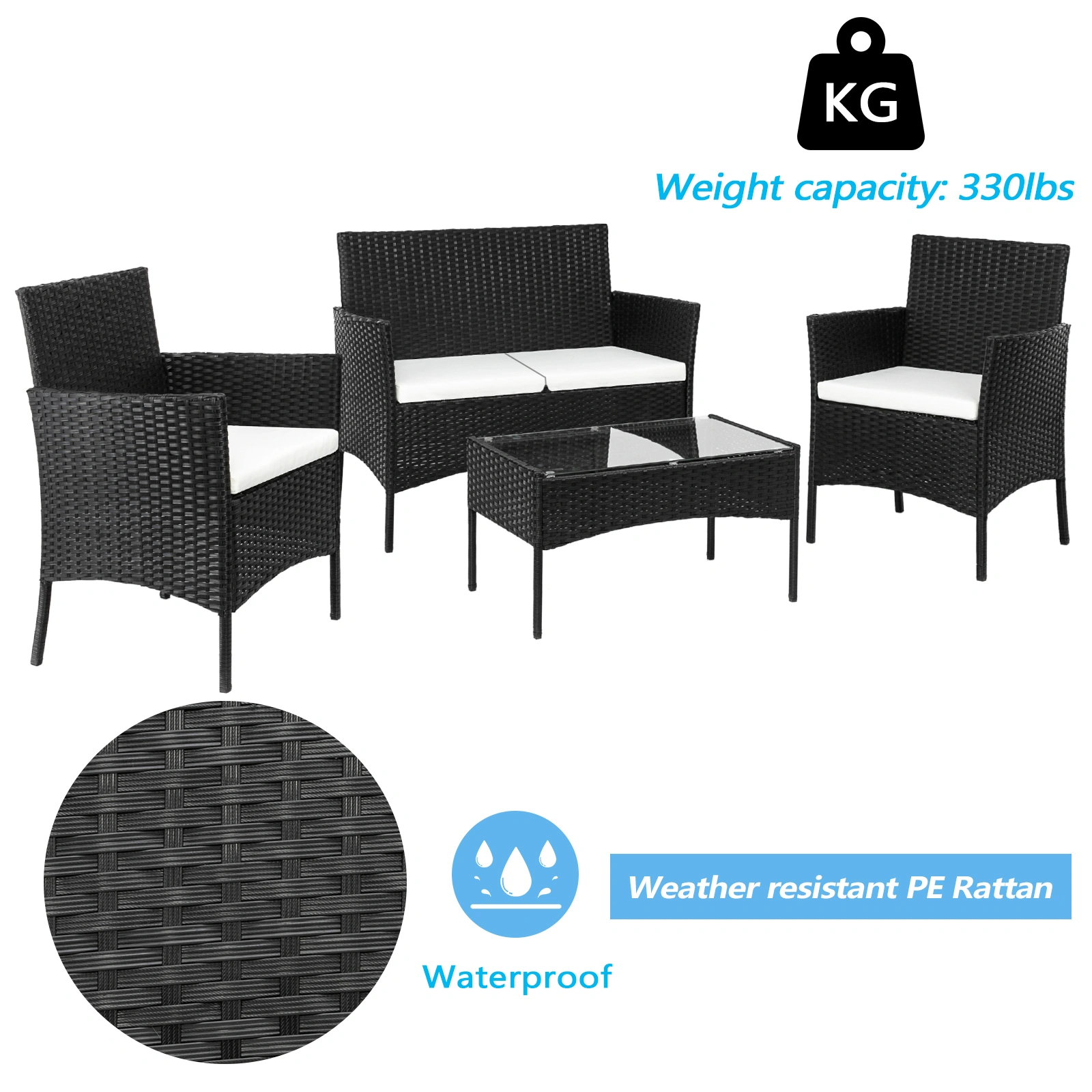 2pcs Arm Chairs 1pc Love Seat & Tempered Glass Coffee Table Rattan Sofa Set Black view 47