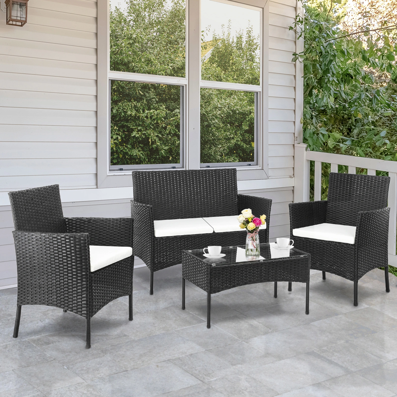 2pcs Arm Chairs 1pc Love Seat & Tempered Glass Coffee Table Rattan Sofa Set Black view 48