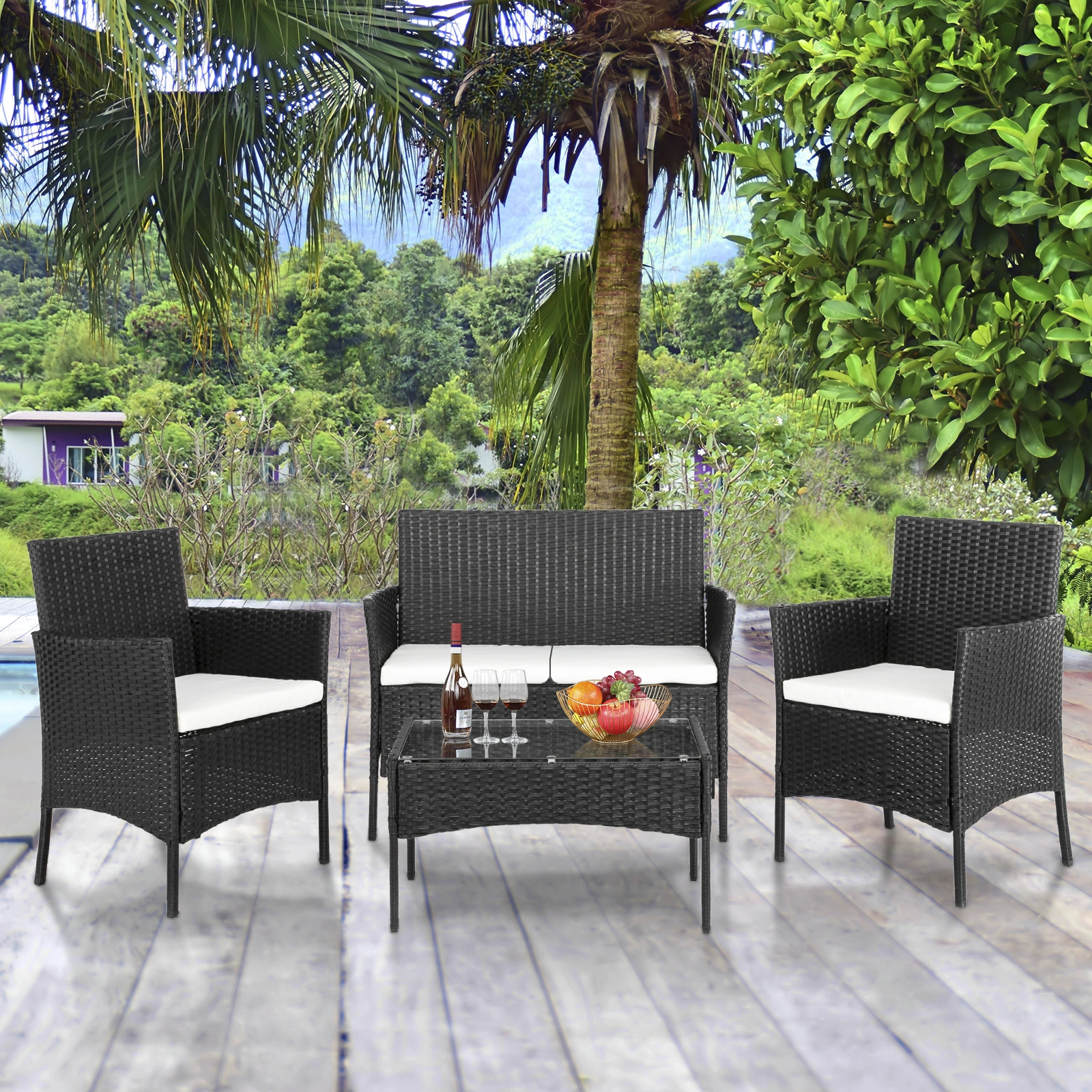 2pcs Arm Chairs 1pc Love Seat & Tempered Glass Coffee Table Rattan Sofa Set Black view 63