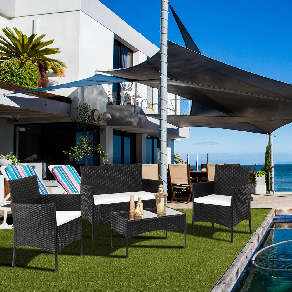 2pcs Arm Chairs 1pc Love Seat & Tempered Glass Coffee Table Rattan Sofa Set Black view 68