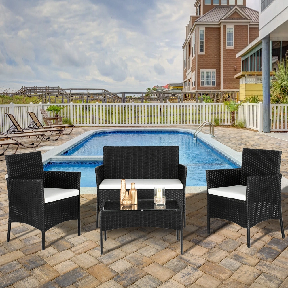 2pcs Arm Chairs 1pc Love Seat & Tempered Glass Coffee Table Rattan Sofa Set Black view 73