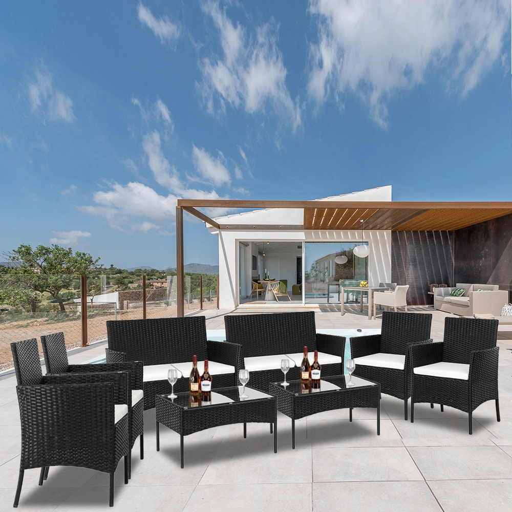 2pcs Arm Chairs 1pc Love Seat & Tempered Glass Coffee Table Rattan Sofa Set Black view 75