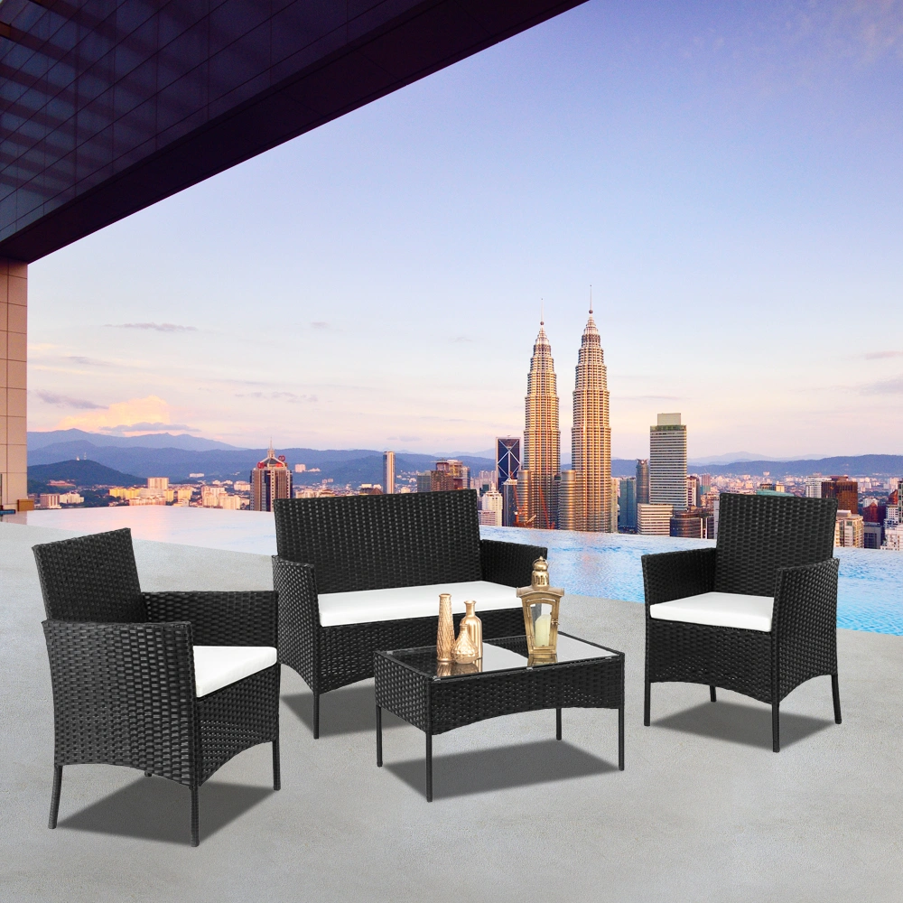 2pcs Arm Chairs 1pc Love Seat & Tempered Glass Coffee Table Rattan Sofa Set Black view 76