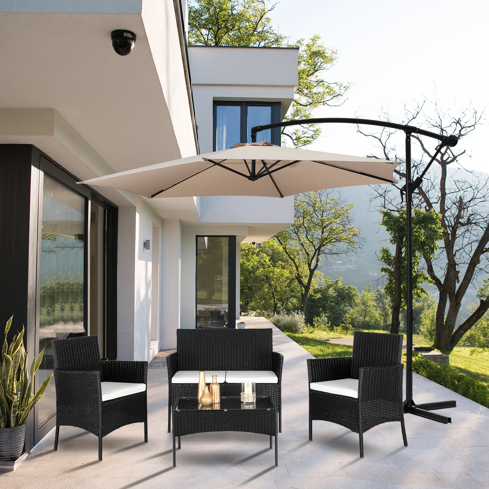 2pcs Arm Chairs 1pc Love Seat & Tempered Glass Coffee Table Rattan Sofa Set Black view 81