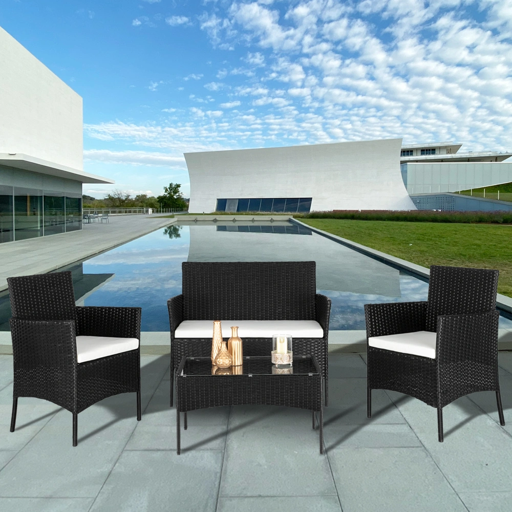 2pcs Arm Chairs 1pc Love Seat & Tempered Glass Coffee Table Rattan Sofa Set Black view 83