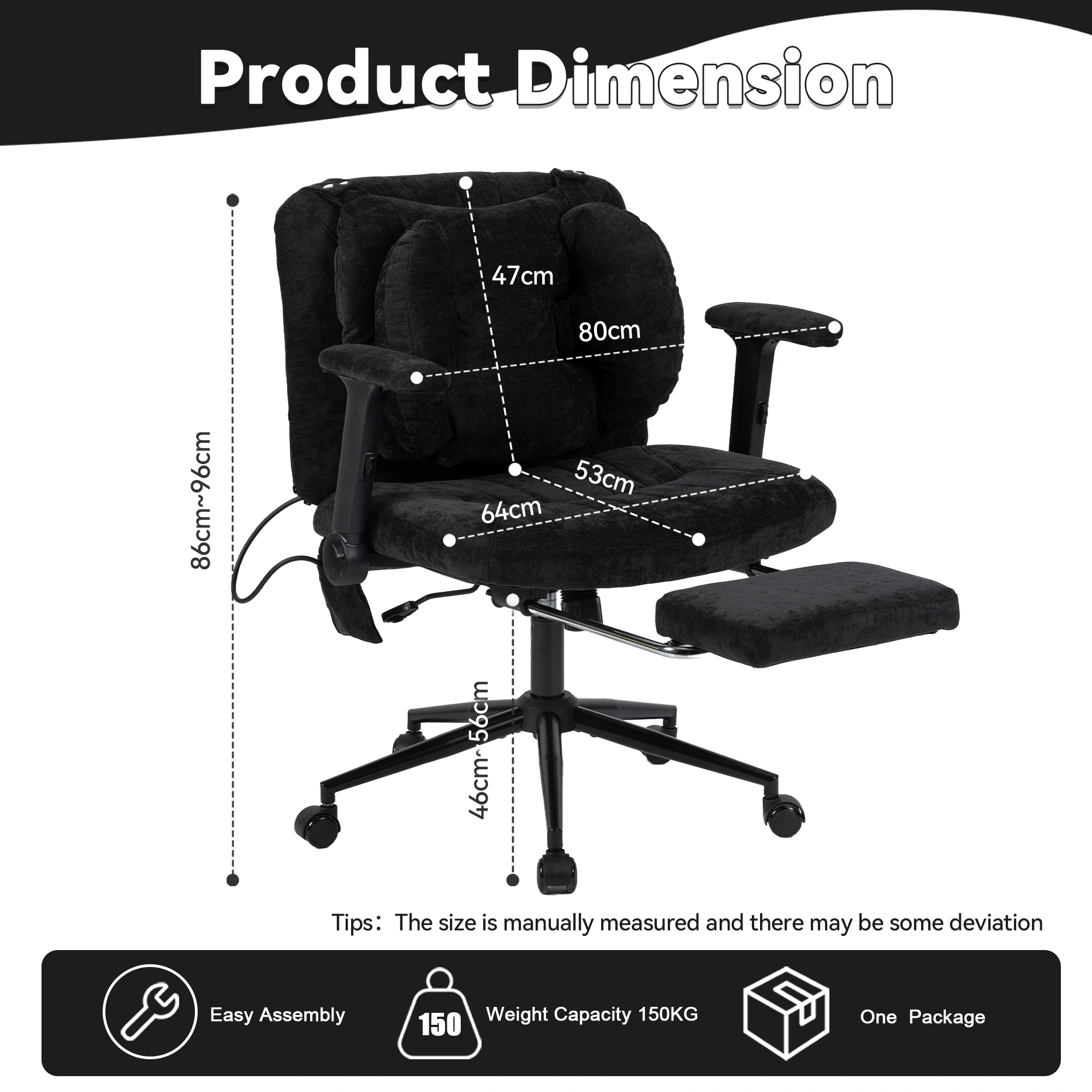 Gaming Office Chair with Footrest, Height Adjustable Swivel Desk Chair with Armrests & Casters, Black view 3