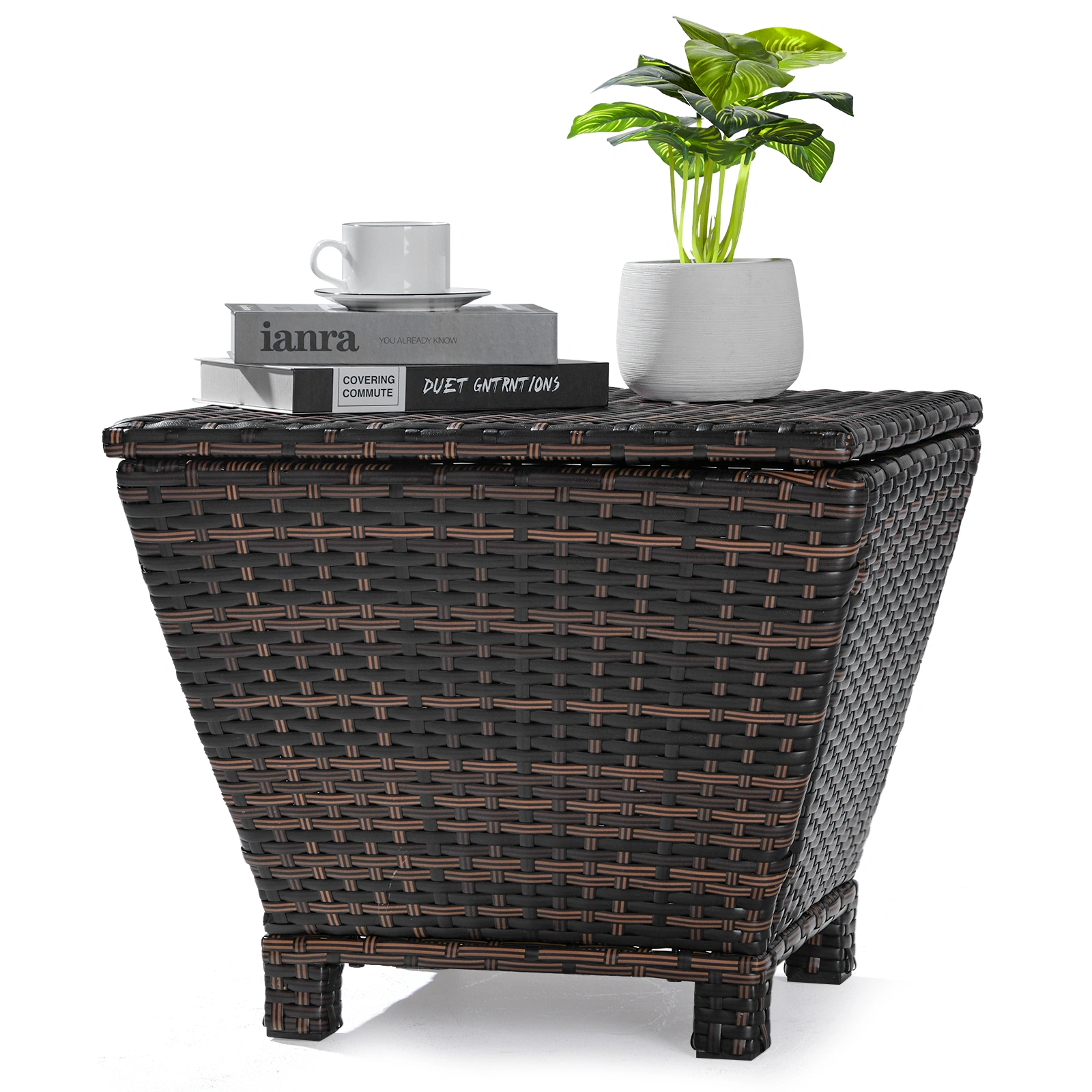 Outdoor PE Wicker Side Table with Storage, Small Patio Storage Bin Container for Hose Cushion Towel, Brown view 21
