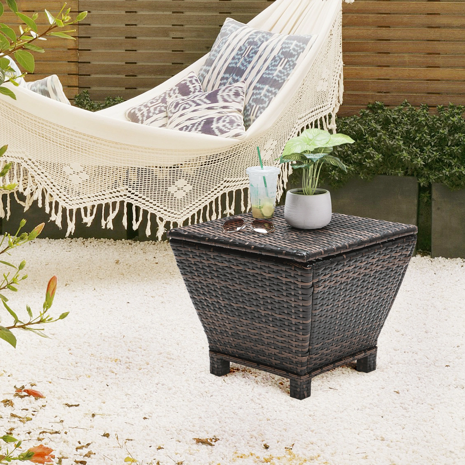 Outdoor PE Wicker Side Table with Storage, Small Patio Storage Bin Container for Hose Cushion Towel, Brown view 24