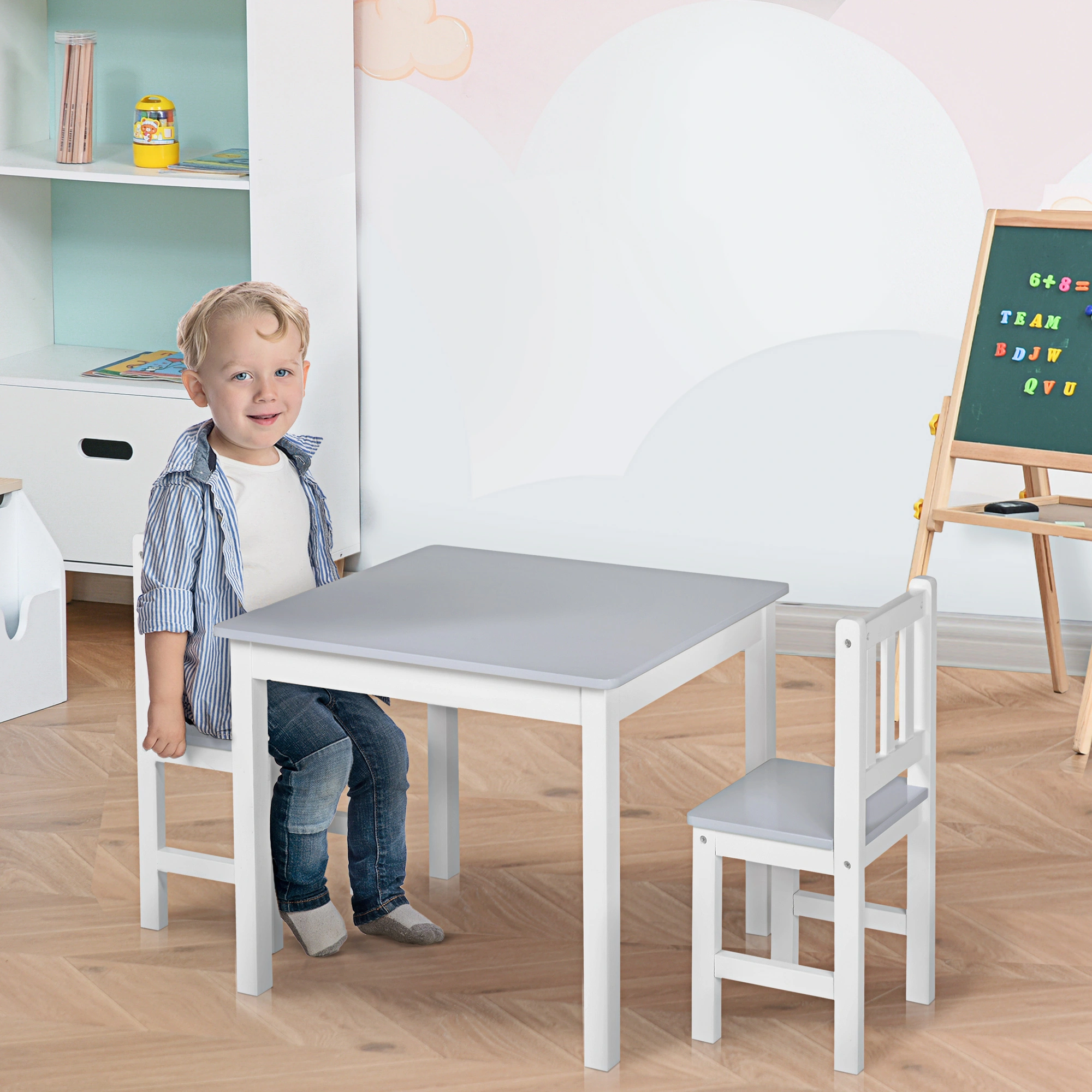 Kids Desk and Chair Set, Adjustable Height Study Table and Seat for Toddlers, Wooden Writing Workspace for Children