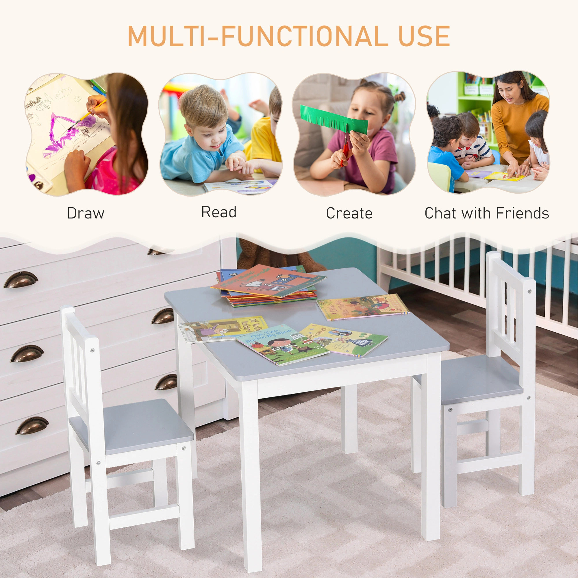 Kids Desk and Chair Set, Adjustable Height Study Table and Seat for Toddlers, Wooden Writing Workspace for Children view 3